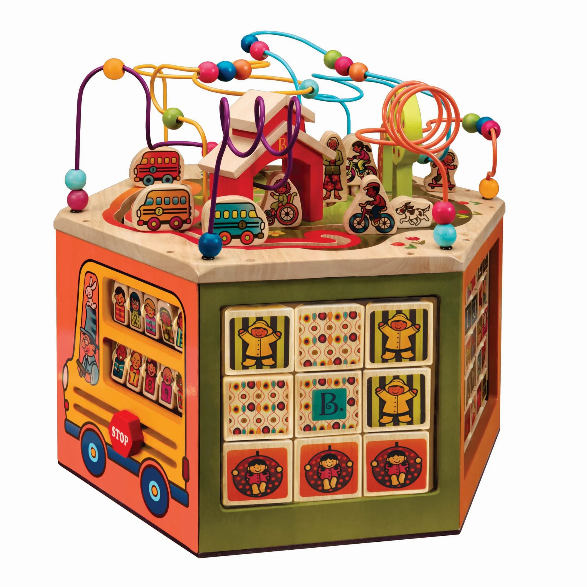B. toys Youniversity, cubo attività in Legno con 6 Lati di Gioco | Centro attività con 6 lati di gioco, alfabeto, numeri, forme, perline e percorsi; struttura in legno massello; 1+ anni