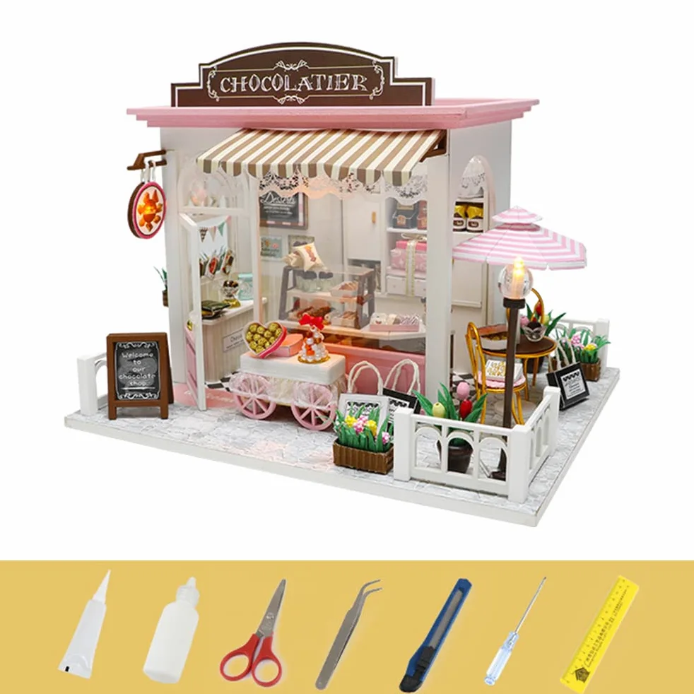 LANRU kit fai da te per adulti,Mini casa delle bambole in miniatura kit fai-da-te con luci a led e mobili per set regalo
