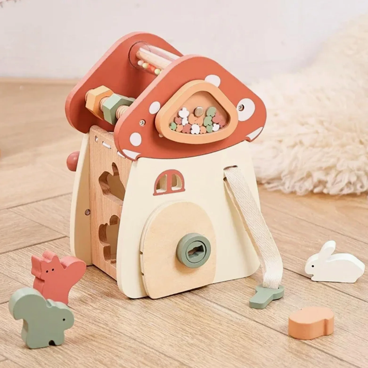 Cubo di attività in legno, classificatore di forme Montessori e giocattolo dell'Arca di Noè, centro di apprendimento musicale multisensoriale con manopole a fungo ed elementi a percussione