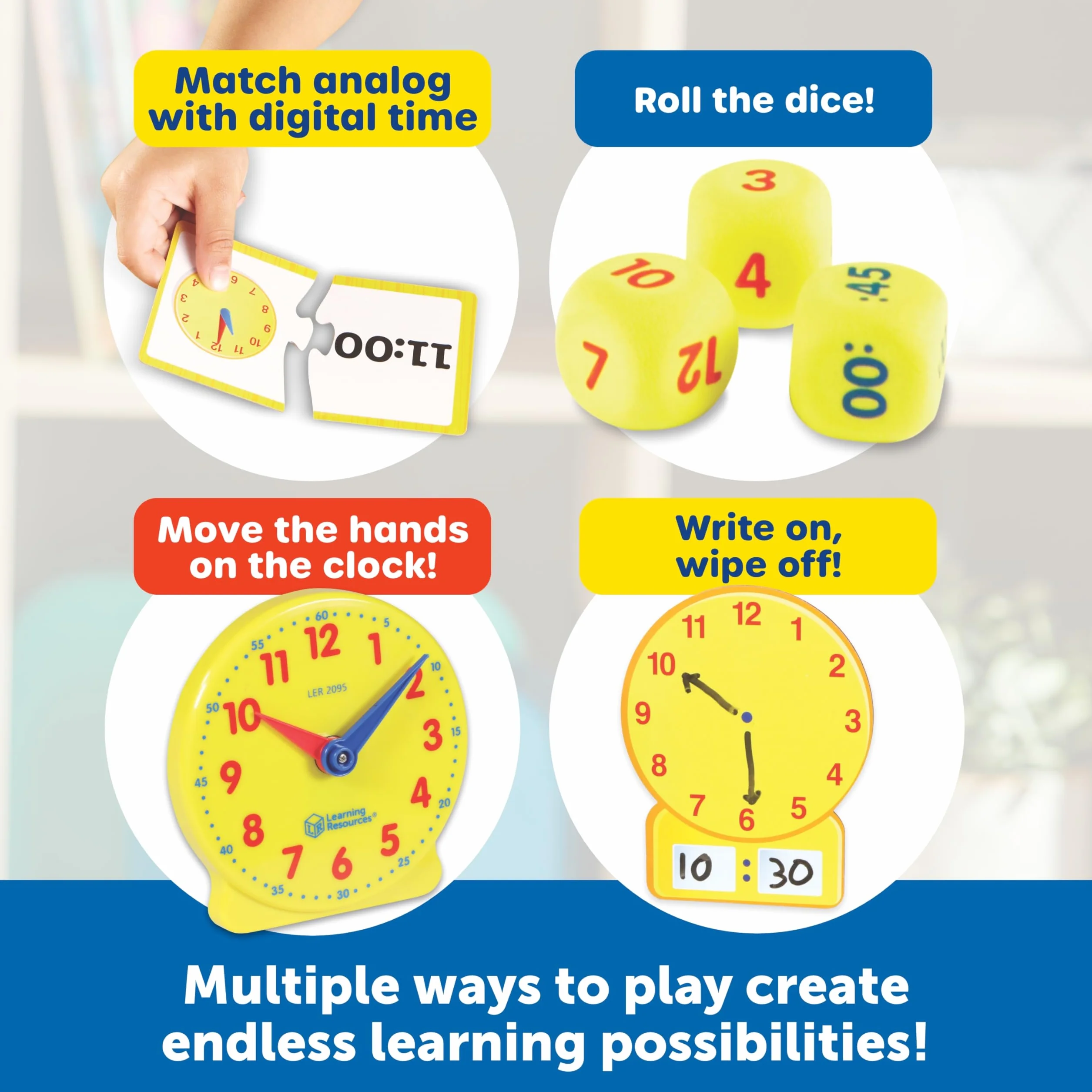 Learning Resources Set attività Sull’Ora – Gioco Educativo con 41 Pezzi per Bambini 5+, Impara a Leggere l’Orologio Analogico e Digitale con Carte e Orologi Didattici