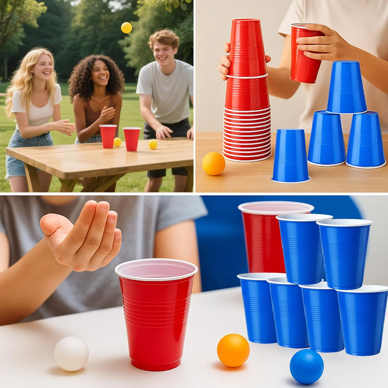100 Pezzi Bicchiere Plastica Rossi Blu e 10 Palline Ping Pong, 500ml Bicchieri Plastica Riutilizzabili Colorati per Feste, Compleanni, Matrimoni, Campeggio