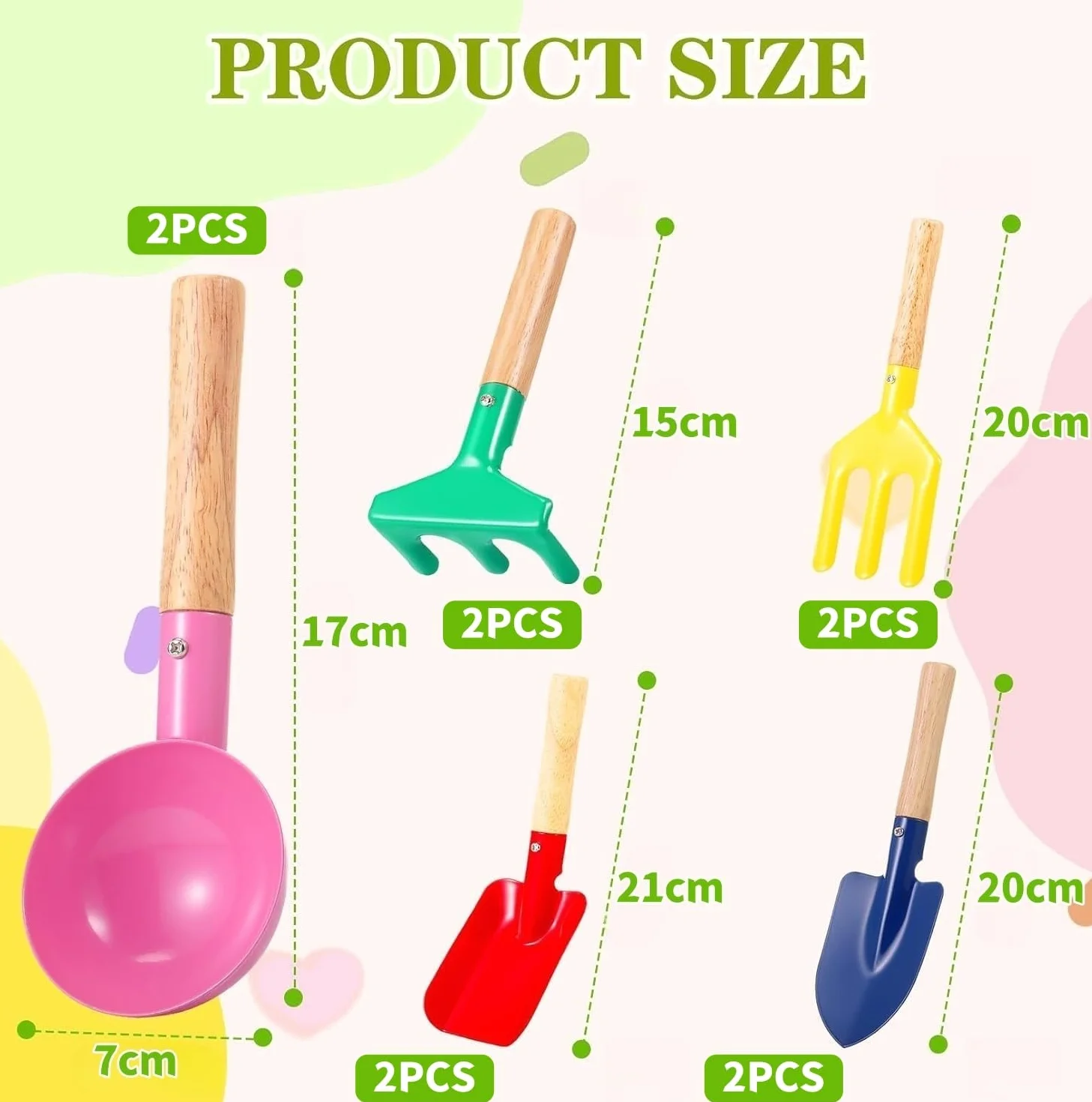 LATERN 10 Pezzi Attrezzi da Giardinaggio per Bambini, 20CM Giocattolo da Spiaggia Metallo Cucchiaio Forchetta Cazzuola Rastrello Pala con Manico in Legno per Giardino Terreno Trapianto Spiaggia Scavo