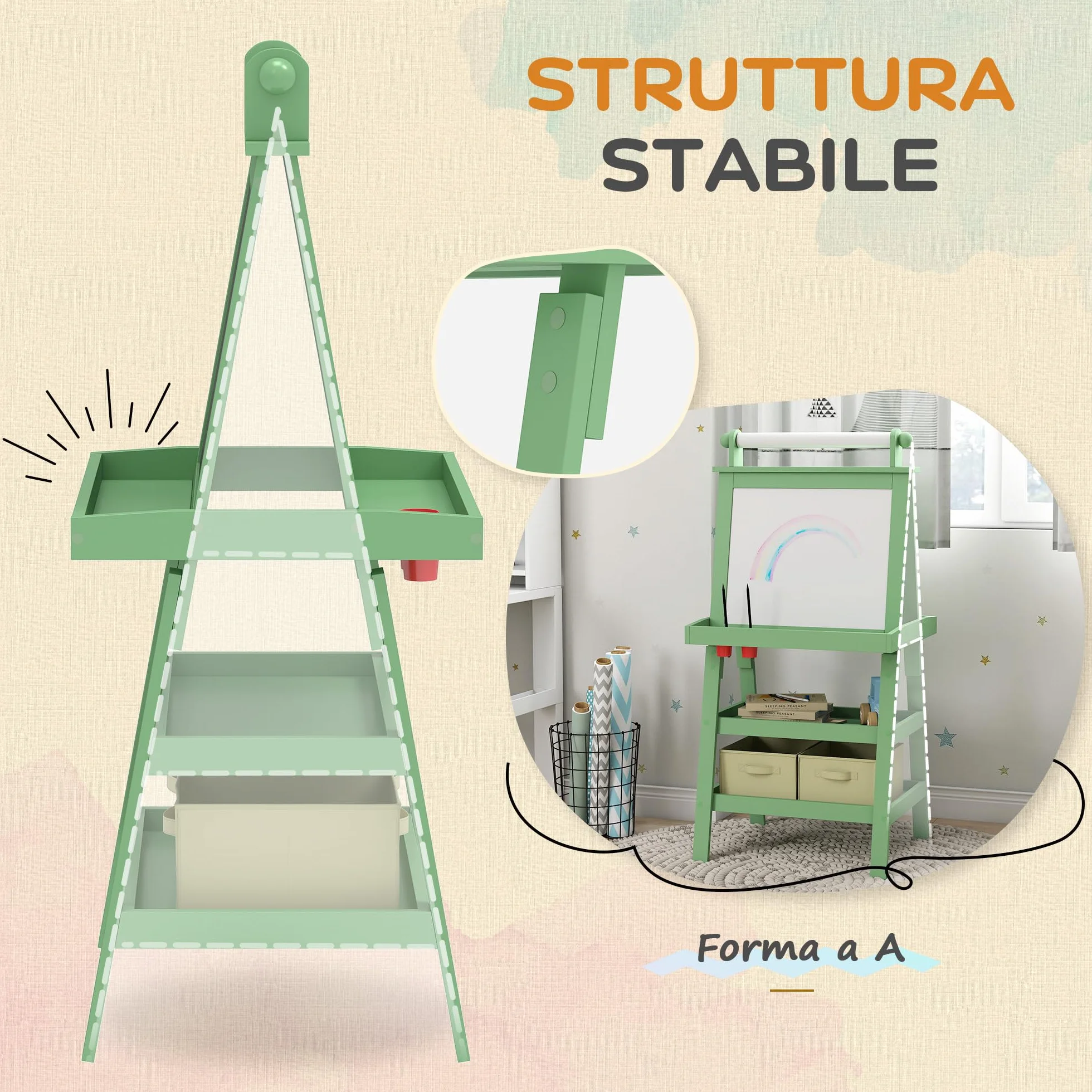 AIYAPLAY Lavagna cavalletto per bambini 3 in 1 lavagna double face bambino con pannello bianco e nero magnetico - rotolo di carta + 2 cestini portaoggetti integrati - 3-6 anni in legno verde