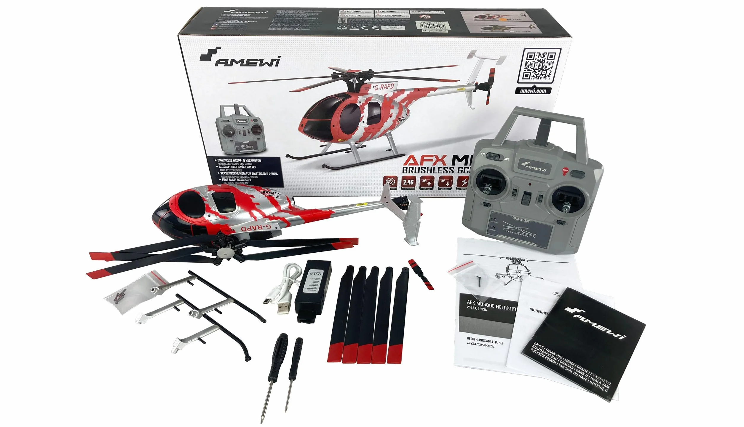 Amewi AFX MD500E Zivil brushless 4 canali 325 mm elicottero 6G RTF rosso/argento RC telecomandato