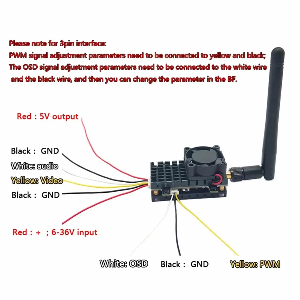2W Trasmettitore Wireless FPV 2000MW 48CH + Ricevitore + Videocamera 1000TVL in Metallo Nero e Plastica per Droni da RC FPV