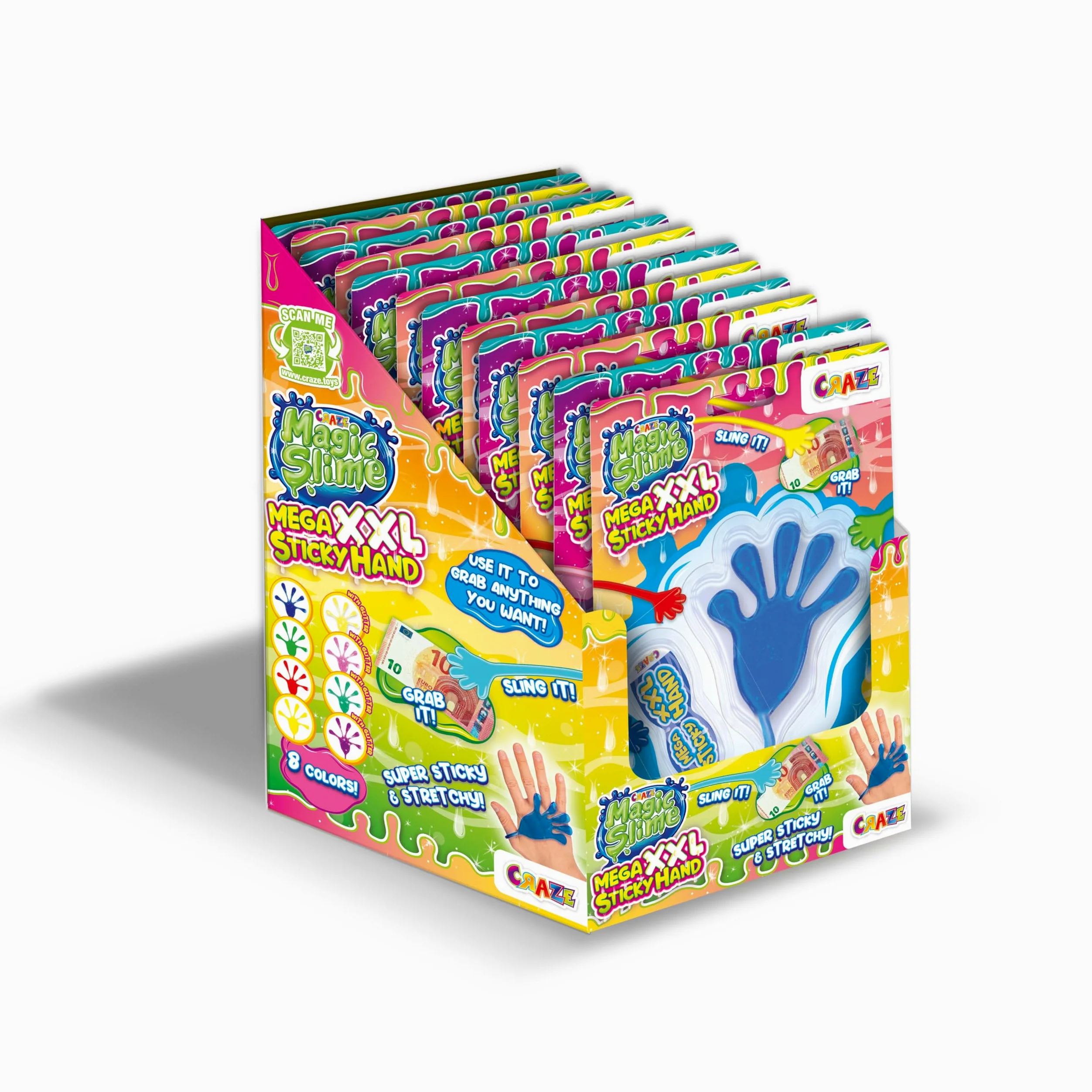 CRAZE MAGIC SLIME, Sticky Hand 12-pack - Sticky Hand per bambini XXL, 12x mani appiccicose per bambini con groff e glitter, super appiccicose ed elastiche