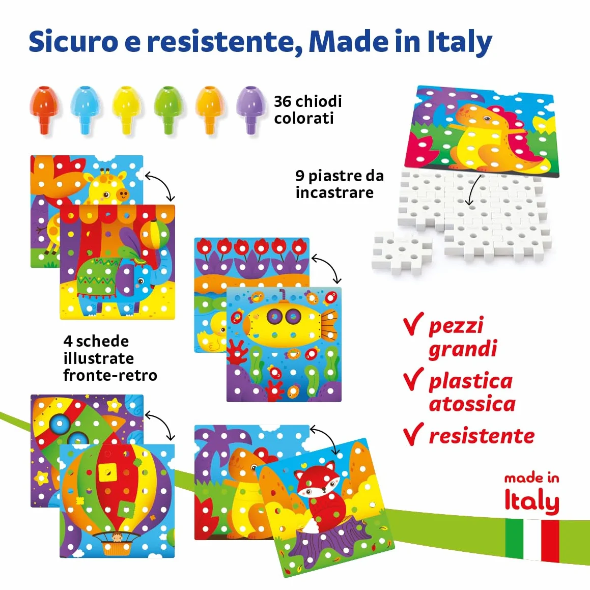 Quercetti Jumbo Peggy Bio, Mosaico Bambini, Giochi Bambini 2 Anni fino ai 5 Anni, Chiodini per Bambini 3 Anni, Costruzioni per Bambini 3 Anni con 36 Chiodini, 9 Piastre e 4 Schede, Made in Italy