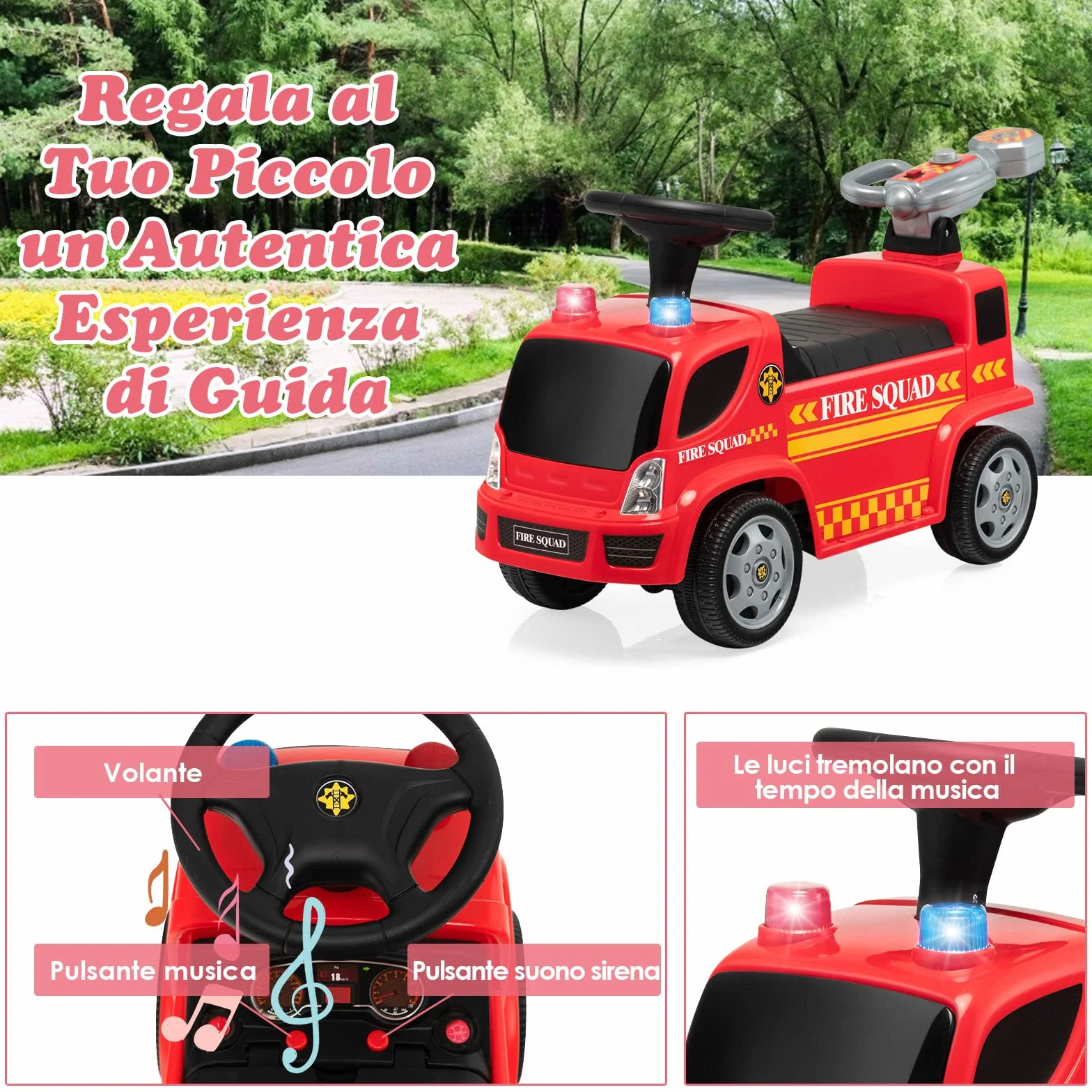 COSTWAY Camion dei Pompieri Giocattolo Cavalcabile a Spinta per Bambini con Bolla Musica Luci Allarme Rosso 18-36 Mesi