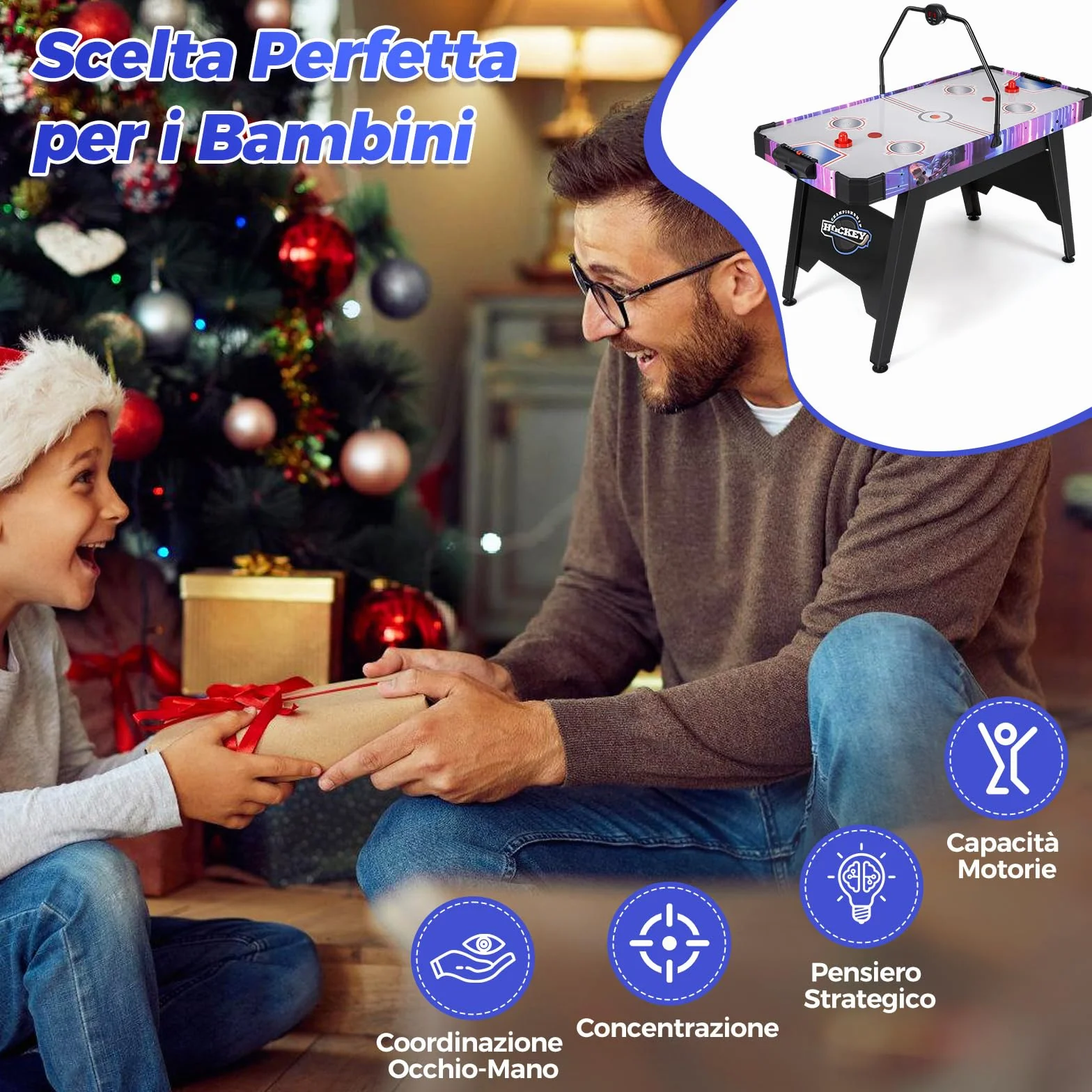 COSTWAY Tavolo Air Hockey, Tavolo da Gioco con Segnapunti Digitale LED 2 Spintori e 2 Dischi, 12V Potente Motore, per Casa Sala Giochi e Ufficio, 144 x 68 x 81 cm