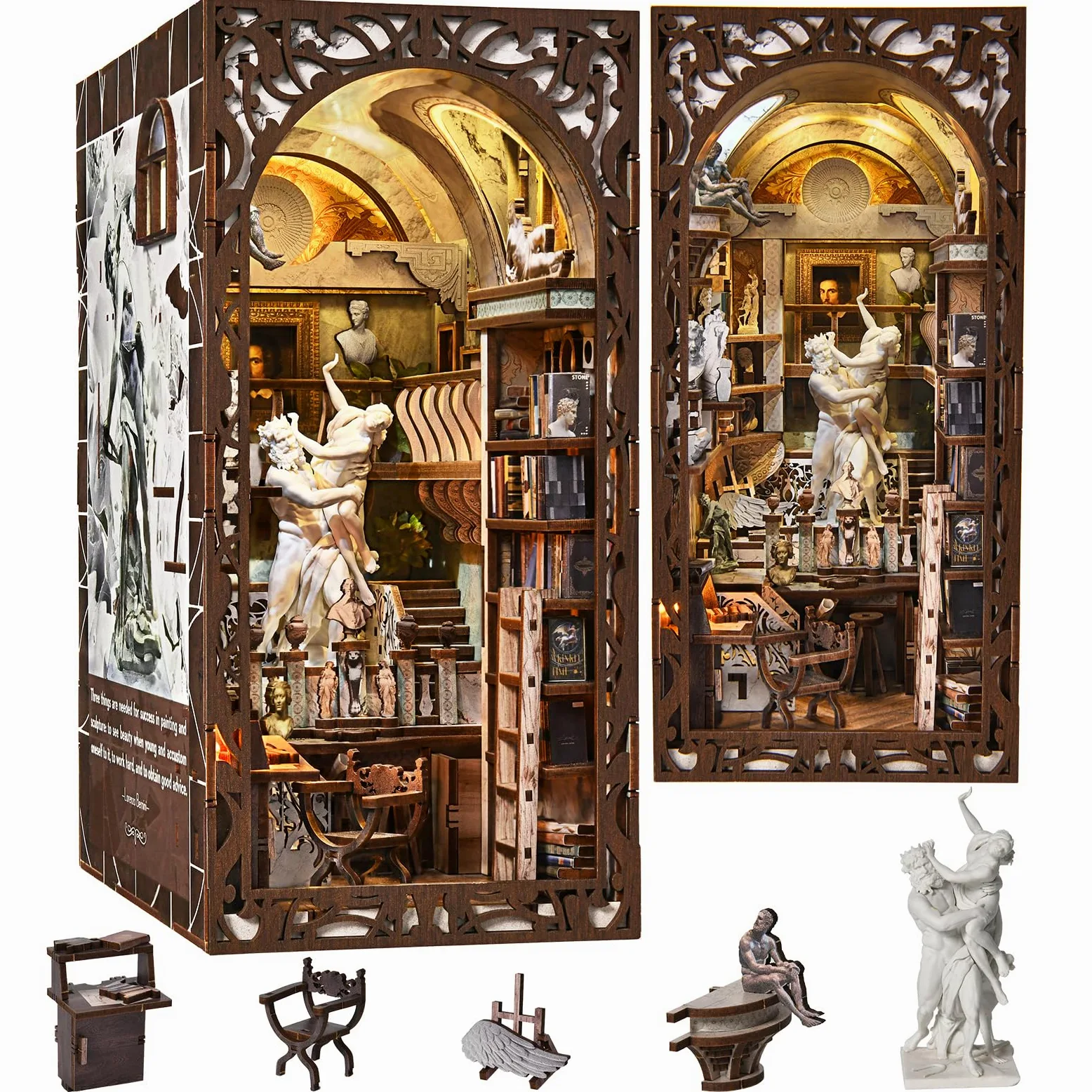 MiniCity Bernini - Kit di sculture a forma di libro, puzzle in legno 3D fai da te | 18 x 10,9 x 23,1 cm; colla e martello inclusi; 436 pezzi; montaggio 6-8 ore; istruzioni illustrate; età 14+