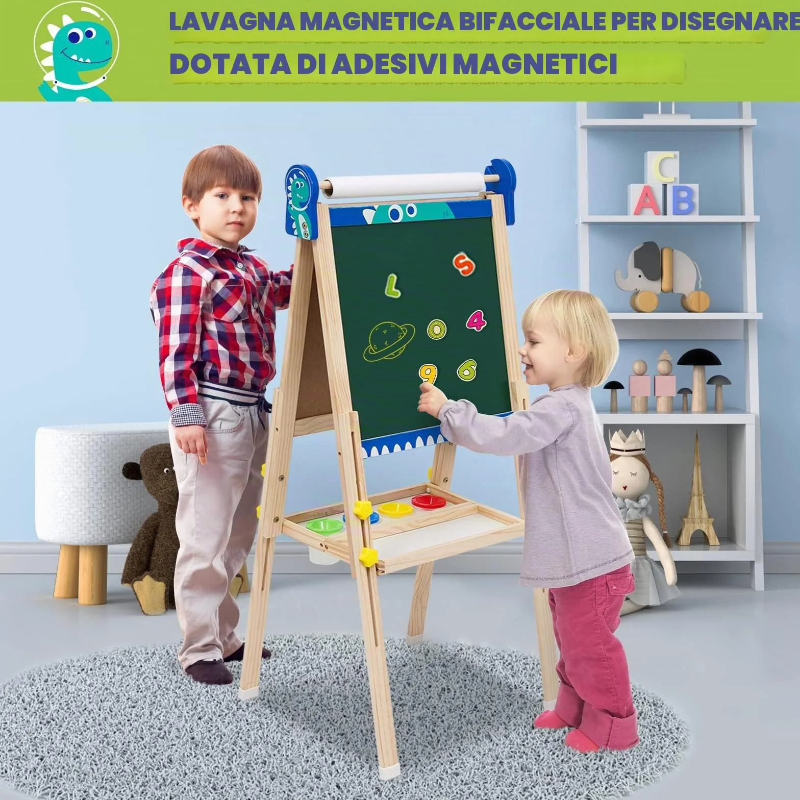 Lavagna Pieghevole per Bambini a Doppia Faccia con Cavalletto Regolabile, Rullo di Carta e Accessori