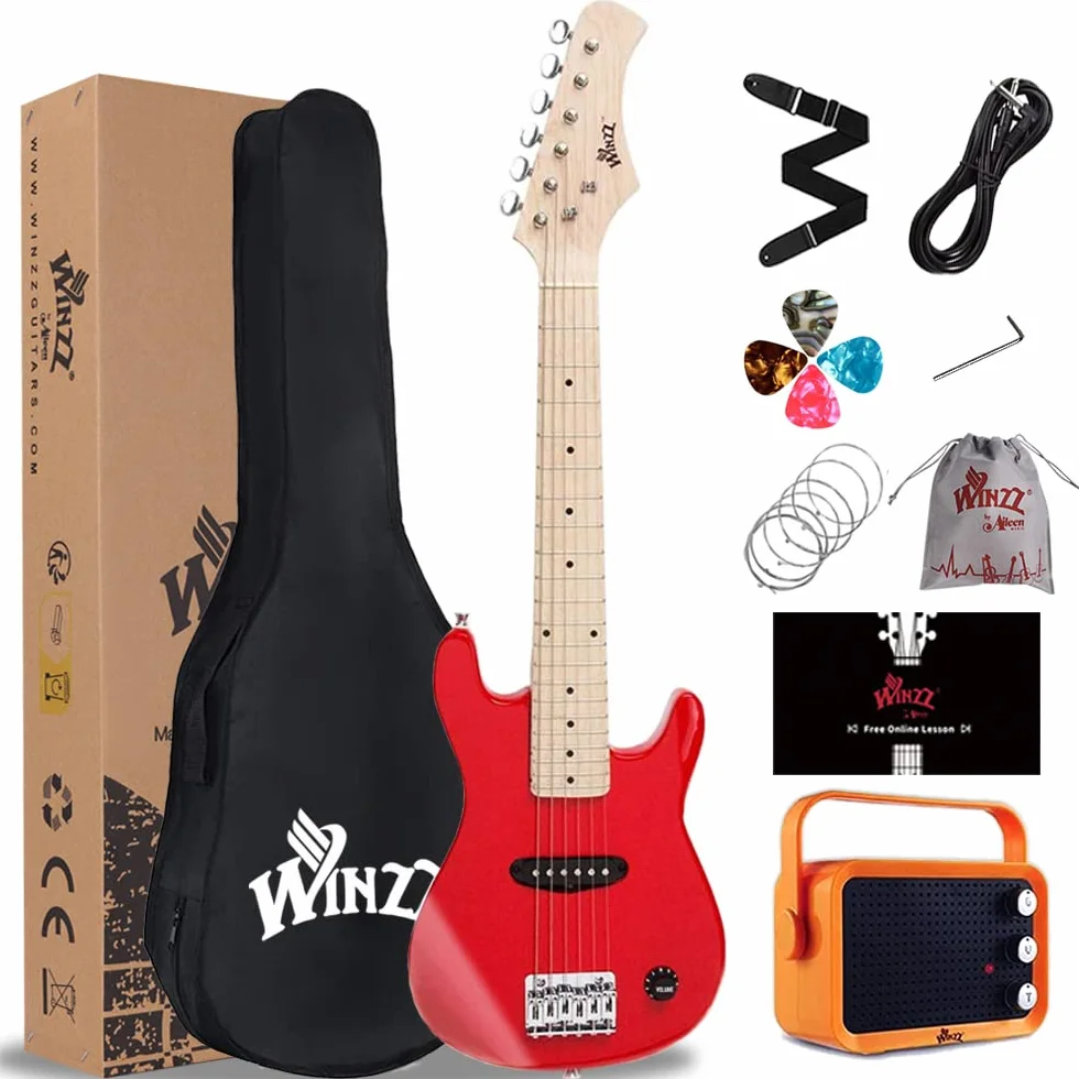Winzz 30 Pollici Mini Chitarra Elettrica Bambini Tastiera in Acero con Amplificatore Rosso
