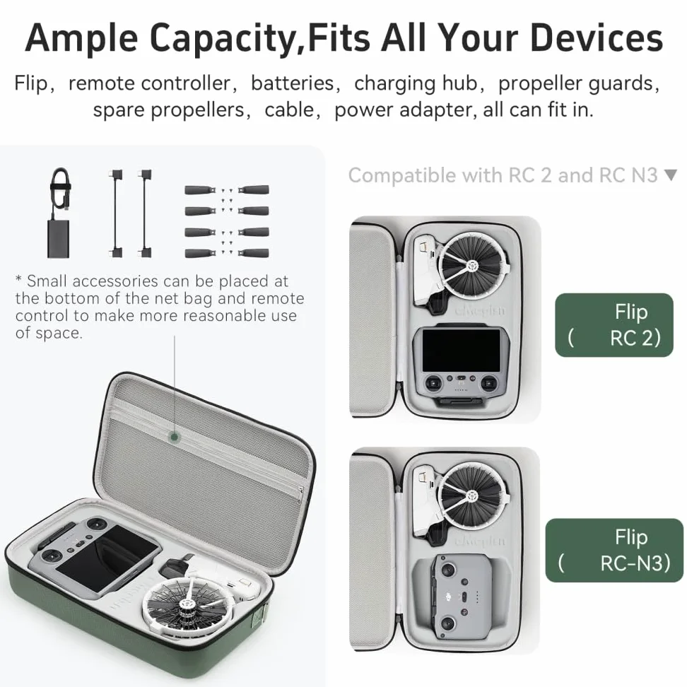 Custodia per DJI Flip, Borsa di Stoccaggio Portatile Custodia per Droni Accessori per RC2 RCN3 Telecomando, Batteria Droni, 34 x 21 x 7,5 Centimetri (Verde)