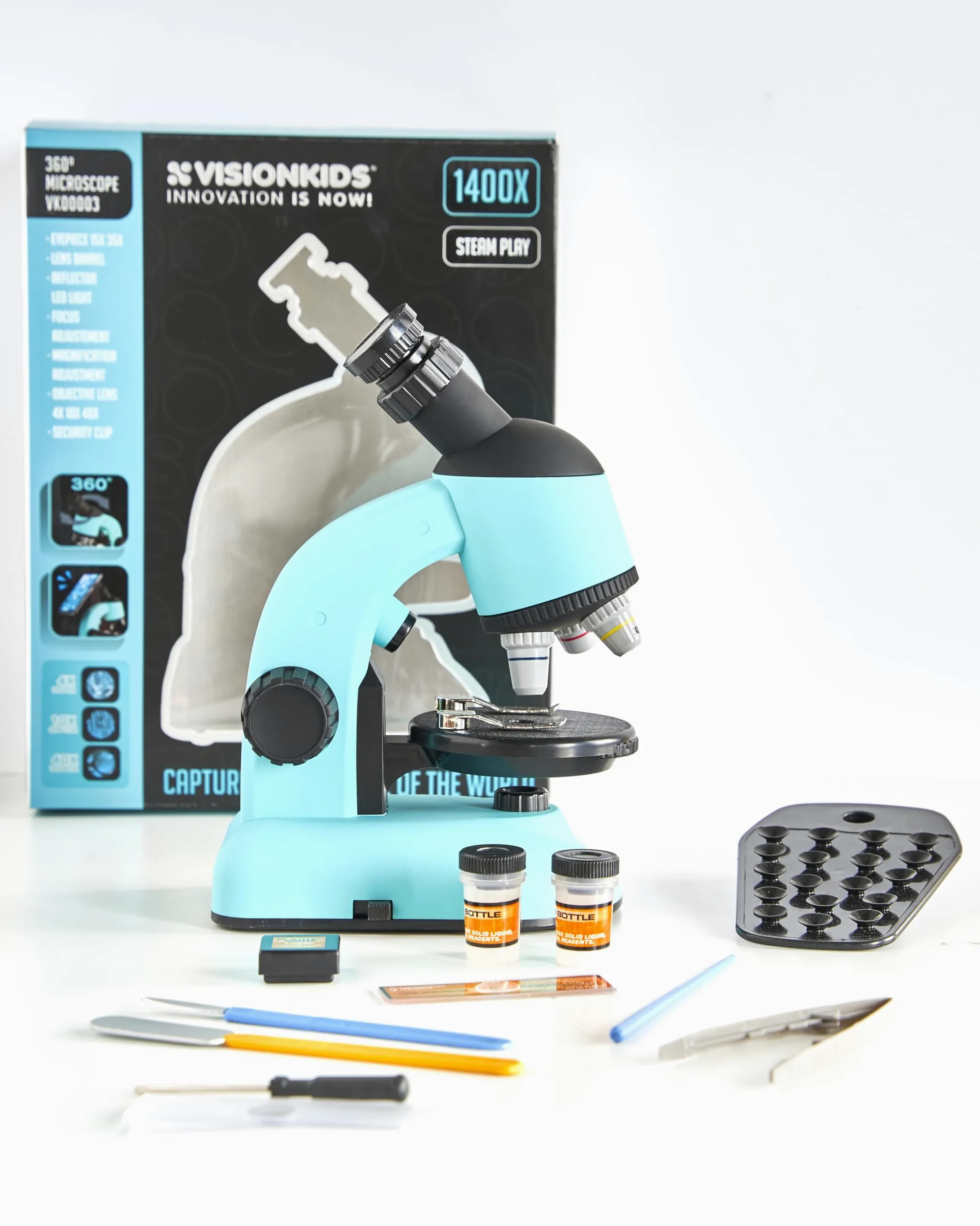 Vision Kids - Microscopio per bambini a 360° con luce LED, giocattolo educativo scientifico per principianti, esplorazione e scoperta