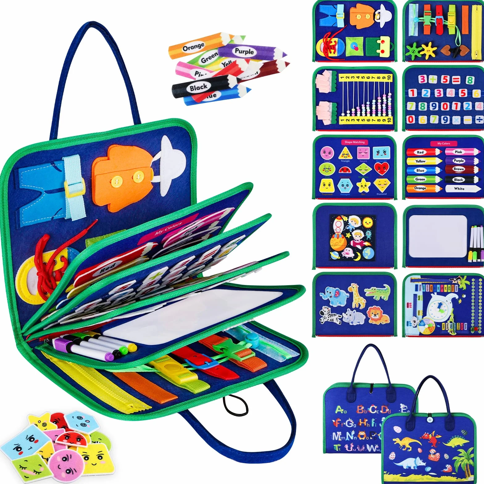 Montessori Busy Board di Feltro, Giochi Montessori Didattici Libro Interattivo per 1-6 Anni Bambini, Regalo Bambino, Giocattoli da Viaggio - Blu