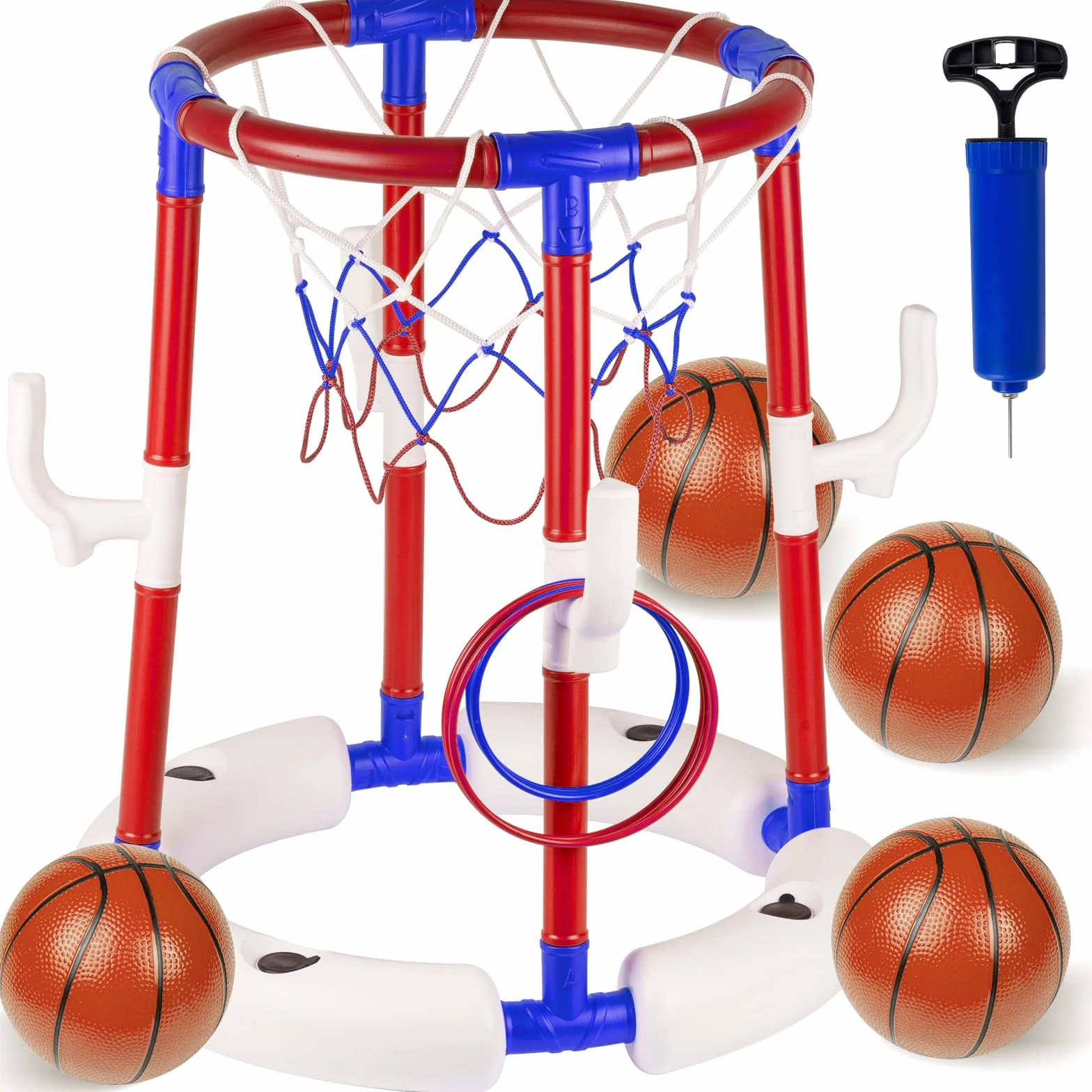 Giocattoli da basket per piscina, cestino da basket galleggiante per piscina con 4 palline, 6 anelli e pompa, ideale per bambini e adulti per divertirsi in acqua