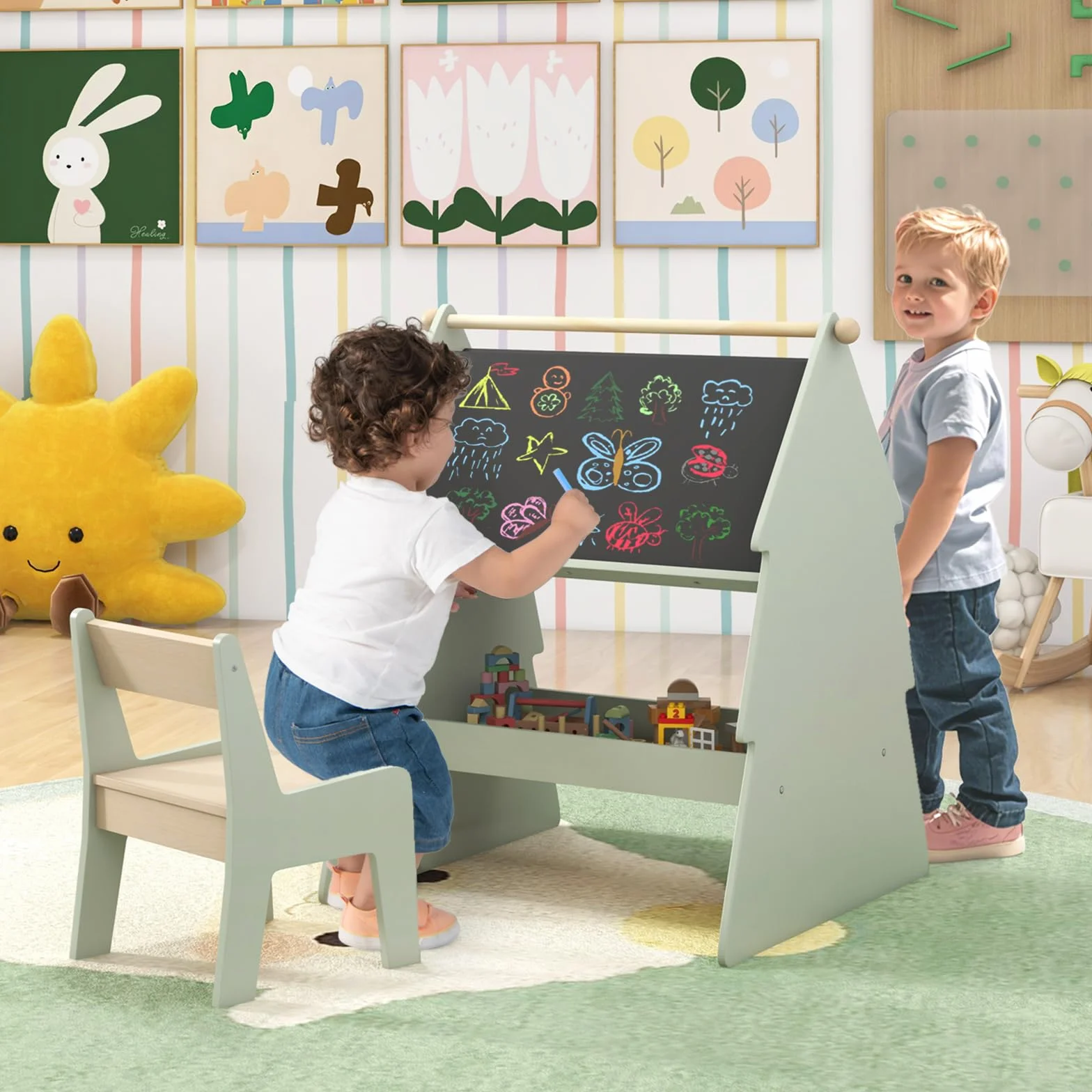 RELAX4LIFE 2 in 1 Lavagna per Bambini Bifacciale, Set di Cavalletto Artistico a Forma di Albero con Sgabello, Rotolo di Carta, Scaffale di Stoccaggio, 68 x 60 x 80 cm, per Bambini 3+ Anni