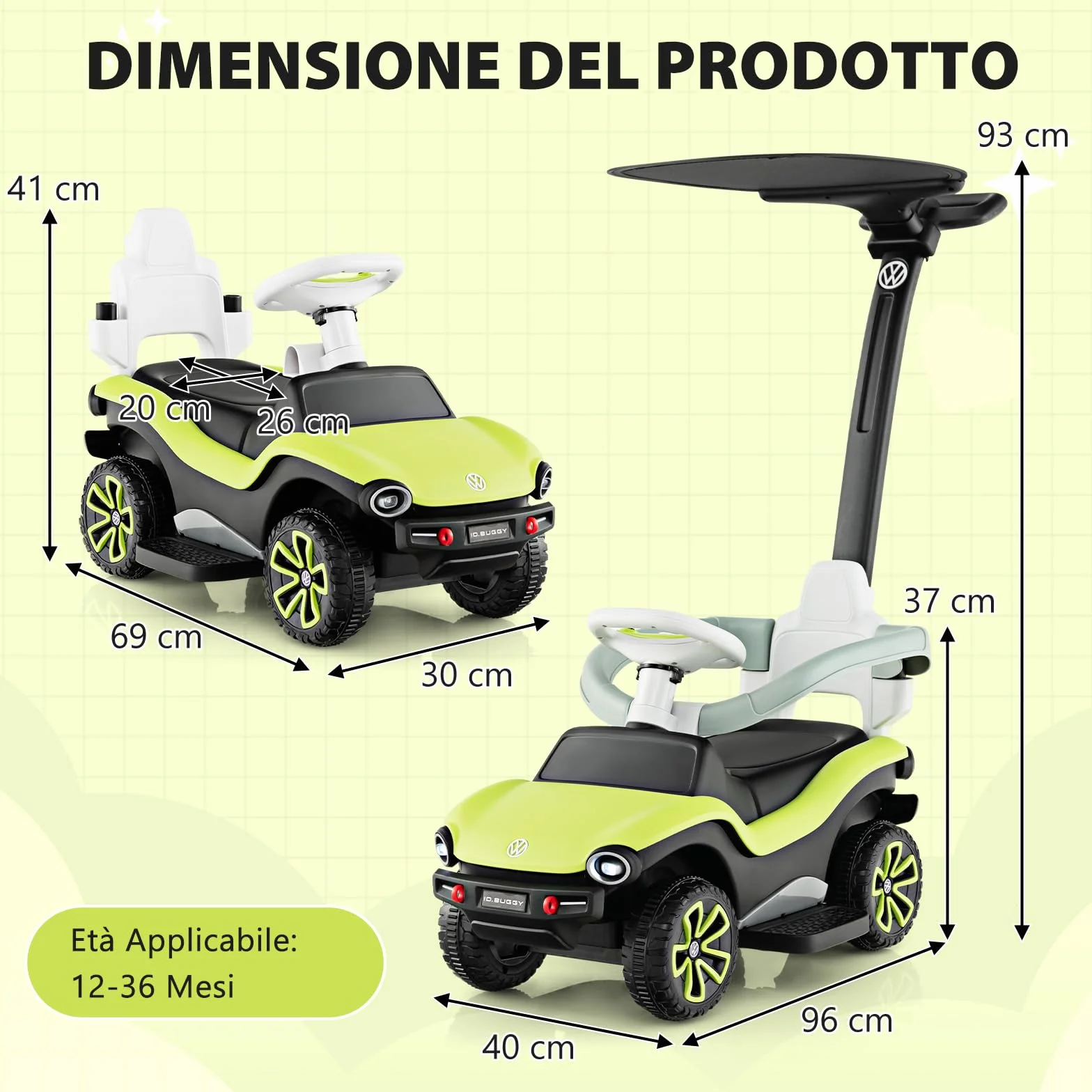 COSTWAY Volkswagen 3 in 1 Macchina Cavalcabile a Spinta per Bambini con Maniglione Regolabile Parasole e Musica 1-3 Anni