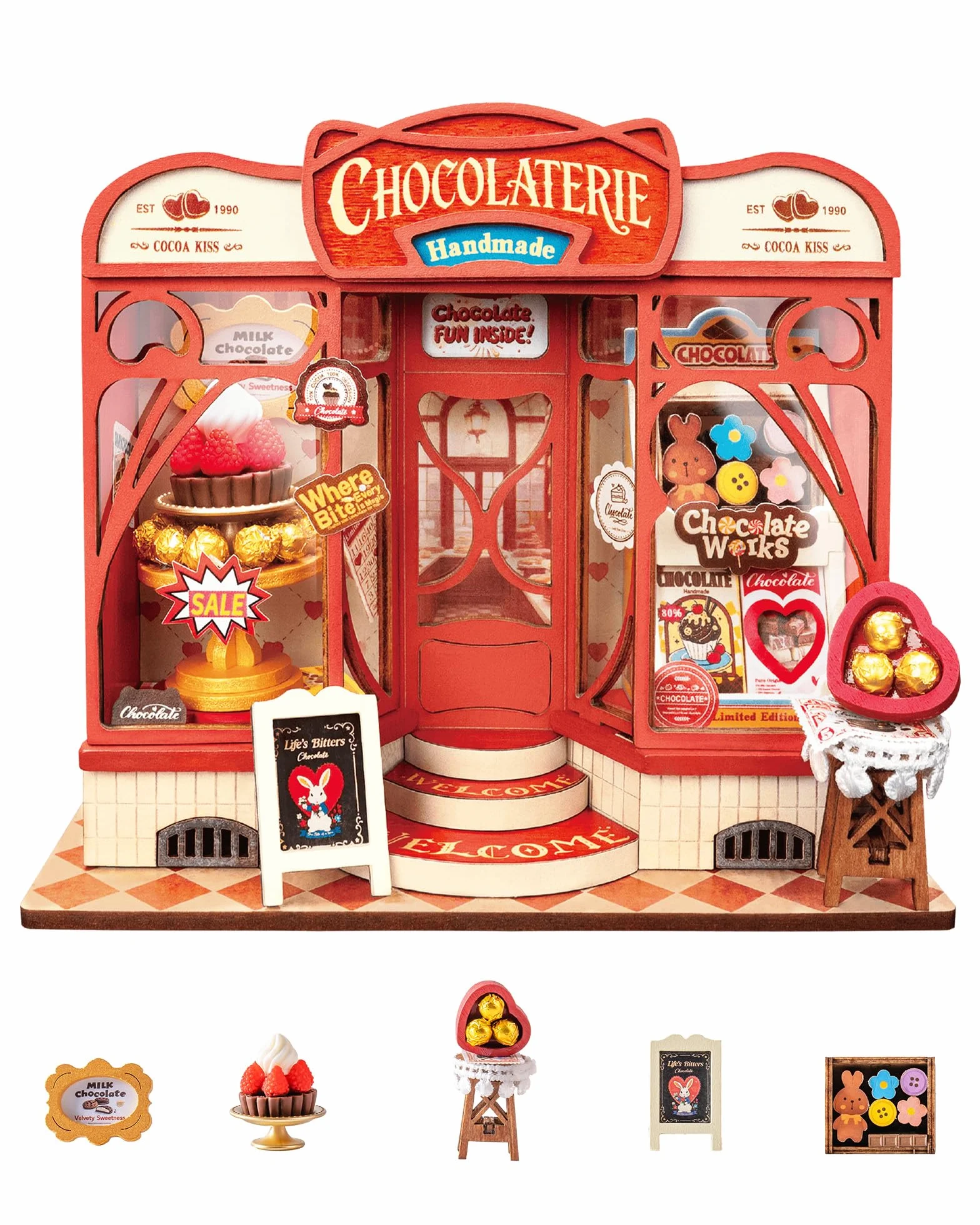Rolife Miniature Casa Sweet Chocolate Shop, 98 pezzi Kit Casa in Miniatura DIY, Modellismo da Costruire Adulti Casa delle Bambole in Legno Puzzle 3D Nessun collante necessario