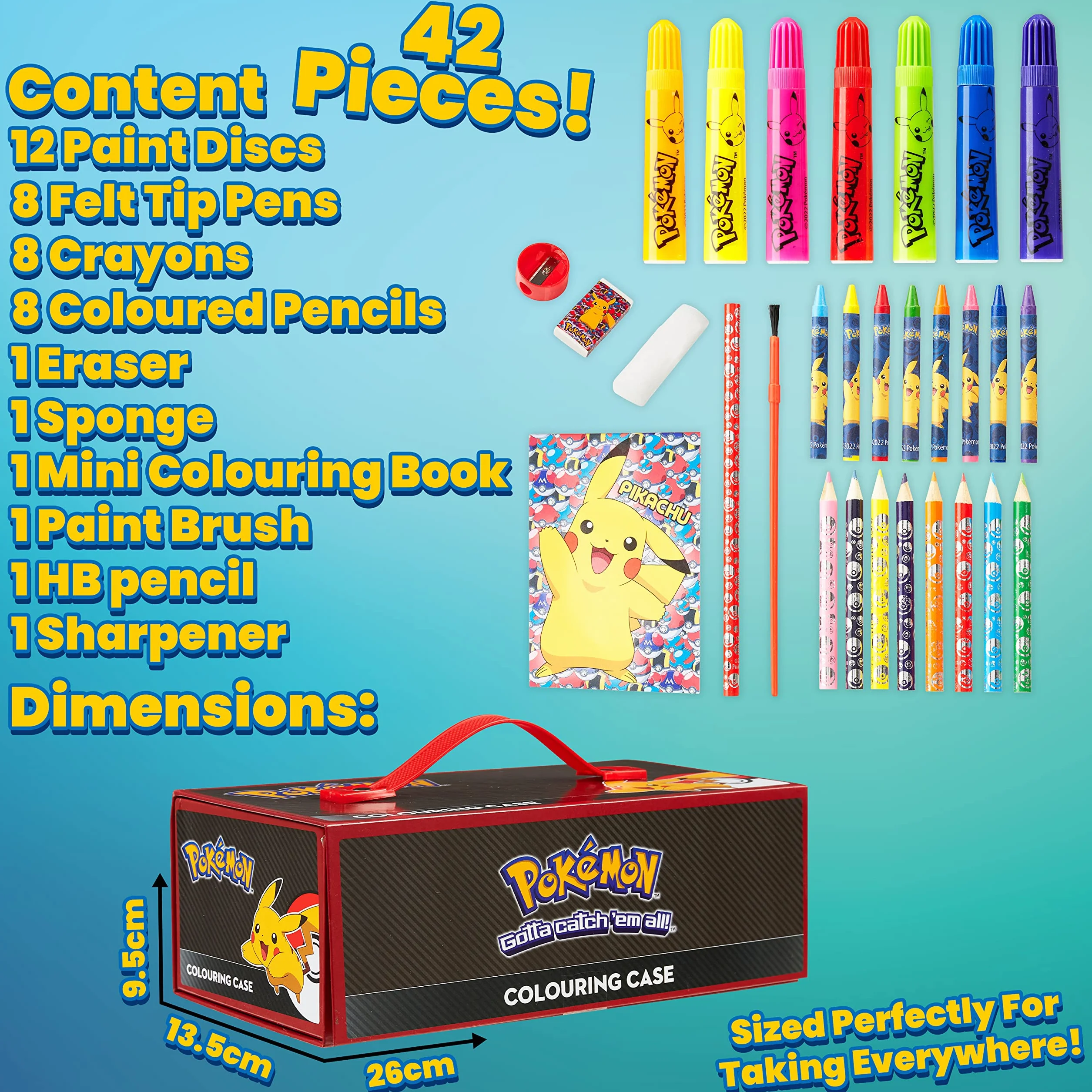 Pokemon Valigetta Colori per Bambini Accessori D'arte Matite Colorate Pastelli a Cera Pennarelli Acquerelli Pikachu Regalo Bambino Nero Rosso