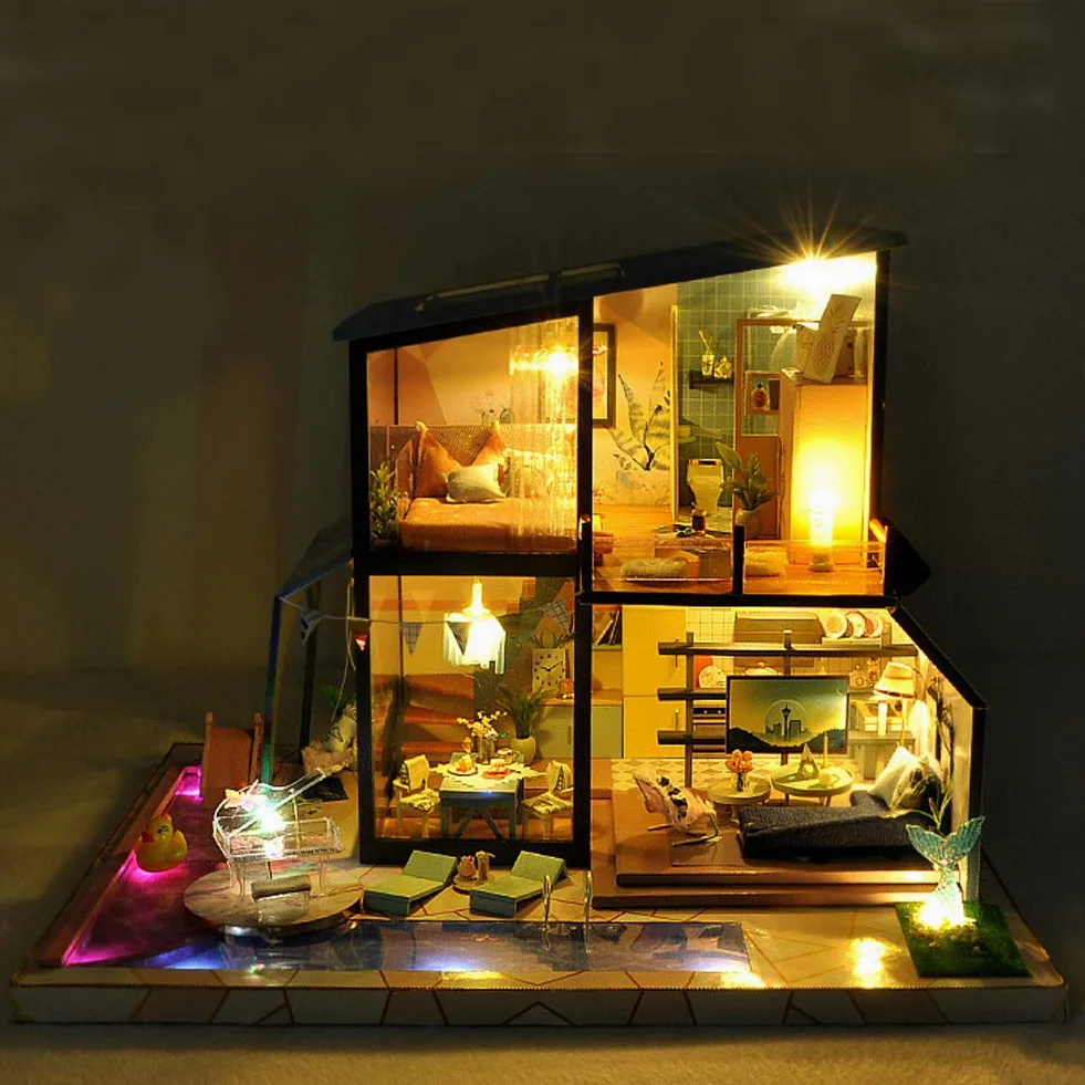 Edificio Moderno Kit di Assemblaggio Fai da Te per Casa delle Bambole Kit per Casa delle Bambole in Miniatura in Legno Carillon con Copertura Antipolvere Miniature da Costruire