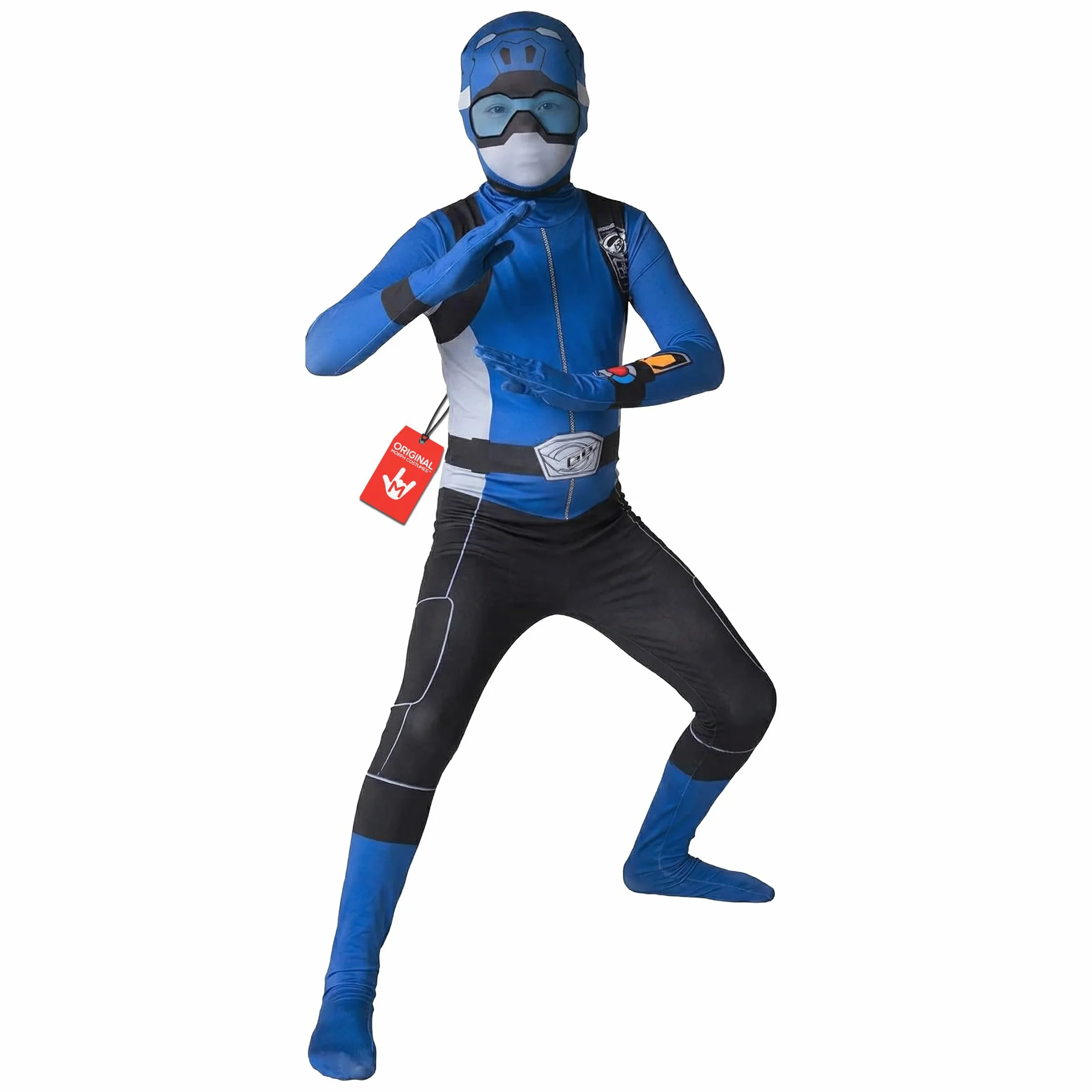 Morphsuits Costume Power Ranger Blu Bambino, Tuta Halloween Bambino | Tuta Integrale con Cappuccio e Visiera, Design Ranger Blu, Chiusura con Zip, Perfetto per Halloween, Ideale per il Cosplay