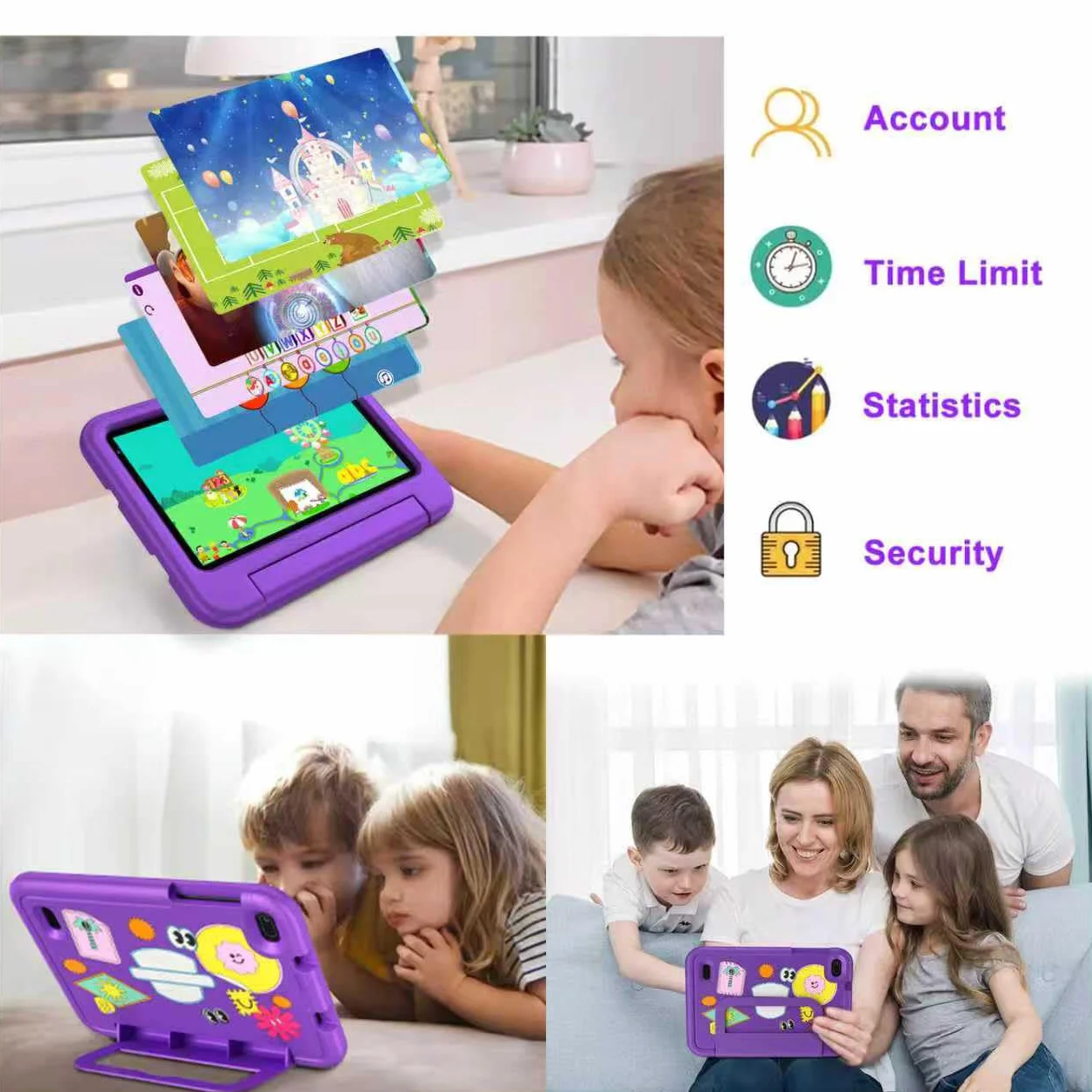 Tablet per Bambini Andorid 14 Tablets 7 Pollici 10GB RAM + 64GB ROM (TF 1TB), 5G WiFi 6, BT5.0, Octa-Core, Controllo Parentale | Doppia Fotocamera | GMS Certificated | GPS | Tablet con Custodia -Viola