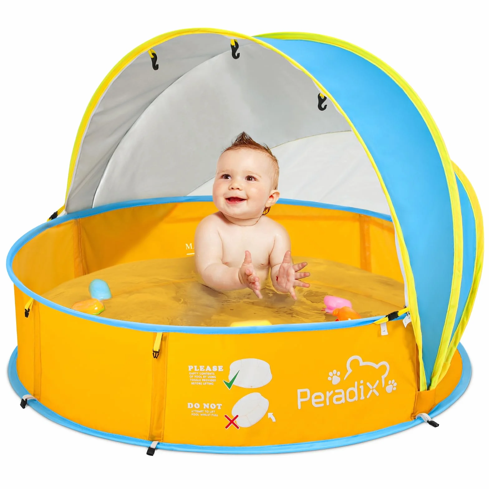Peradix Piscina per bambini 4 in 1, con protezione dai raggi UV, tenda da spiaggia con zanzariera, tenda da gioco portatile, per la protezione solare estiva per anni (blu e giallo)