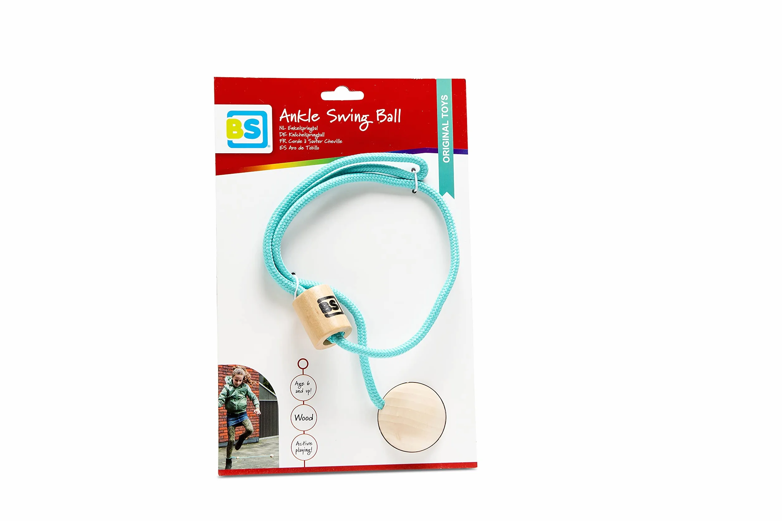 BS Toys Palla per Saltare alla Caviglia, Ideale per Esterni, per Giochi retrò, in Legno, per Bambini dai 6 Anni, Gioco Attivo, Blu, Lunghezza Corda 75 cm