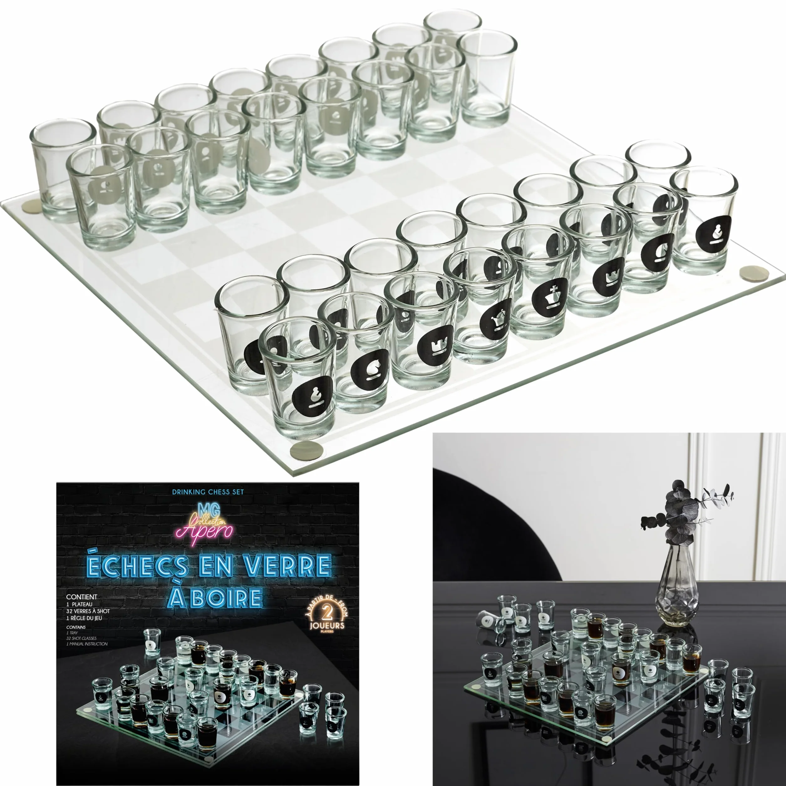 Mister Gadget, MG3519, Gioco di Scacchi da Bere in Vetro, Gioco di Scacchi da Bere in Vetro, Colori: Bianco e Nero, Perfetto per Serate e Regali Divertenti