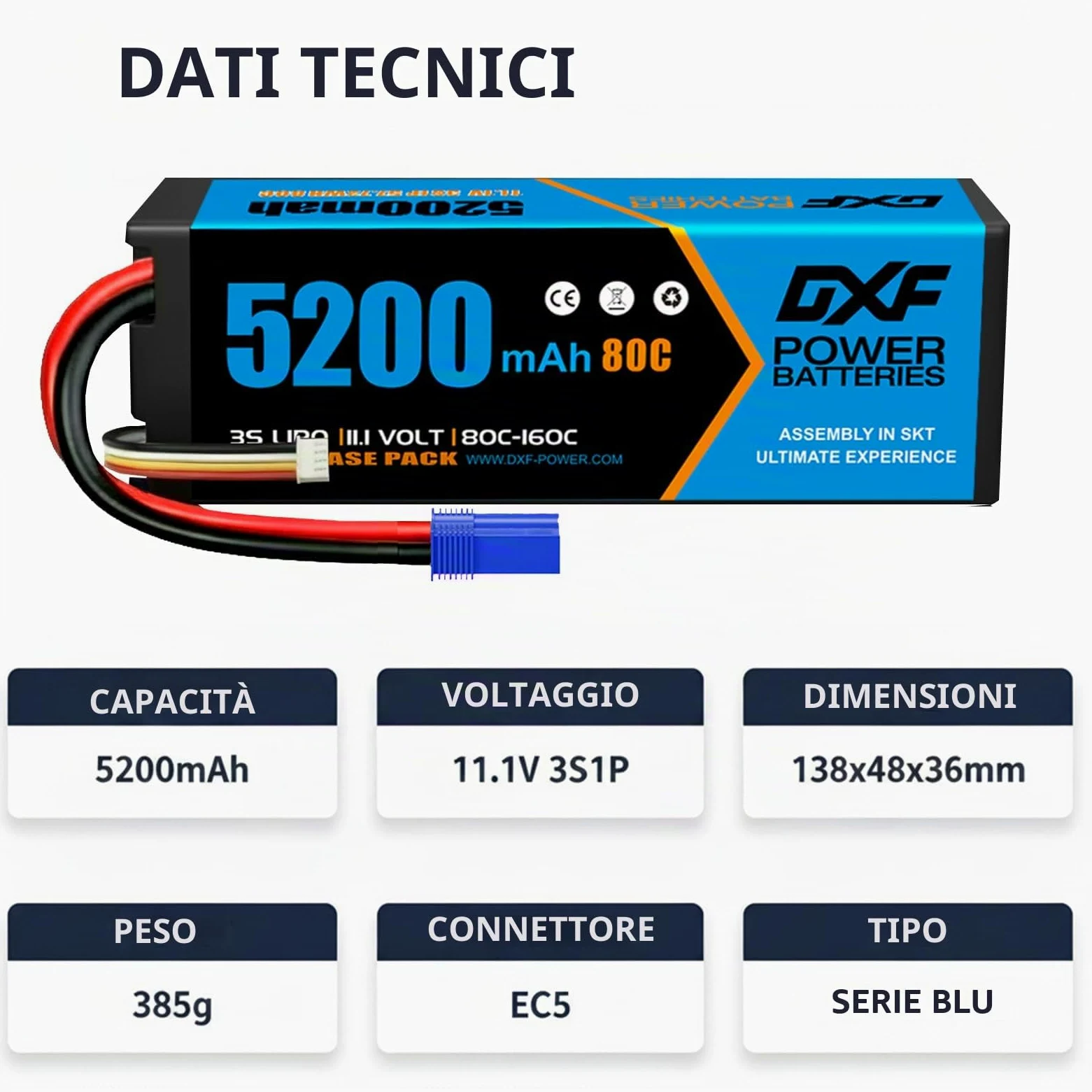 DXF Batteria LiPo 3S 11.1V 5200mAh 80C Spina EC5 Elicottero Aereo Barca Auto RC Alte Prestazioni Potente Leggera Gare Racing Modellismo Brushless 2 Pezzi