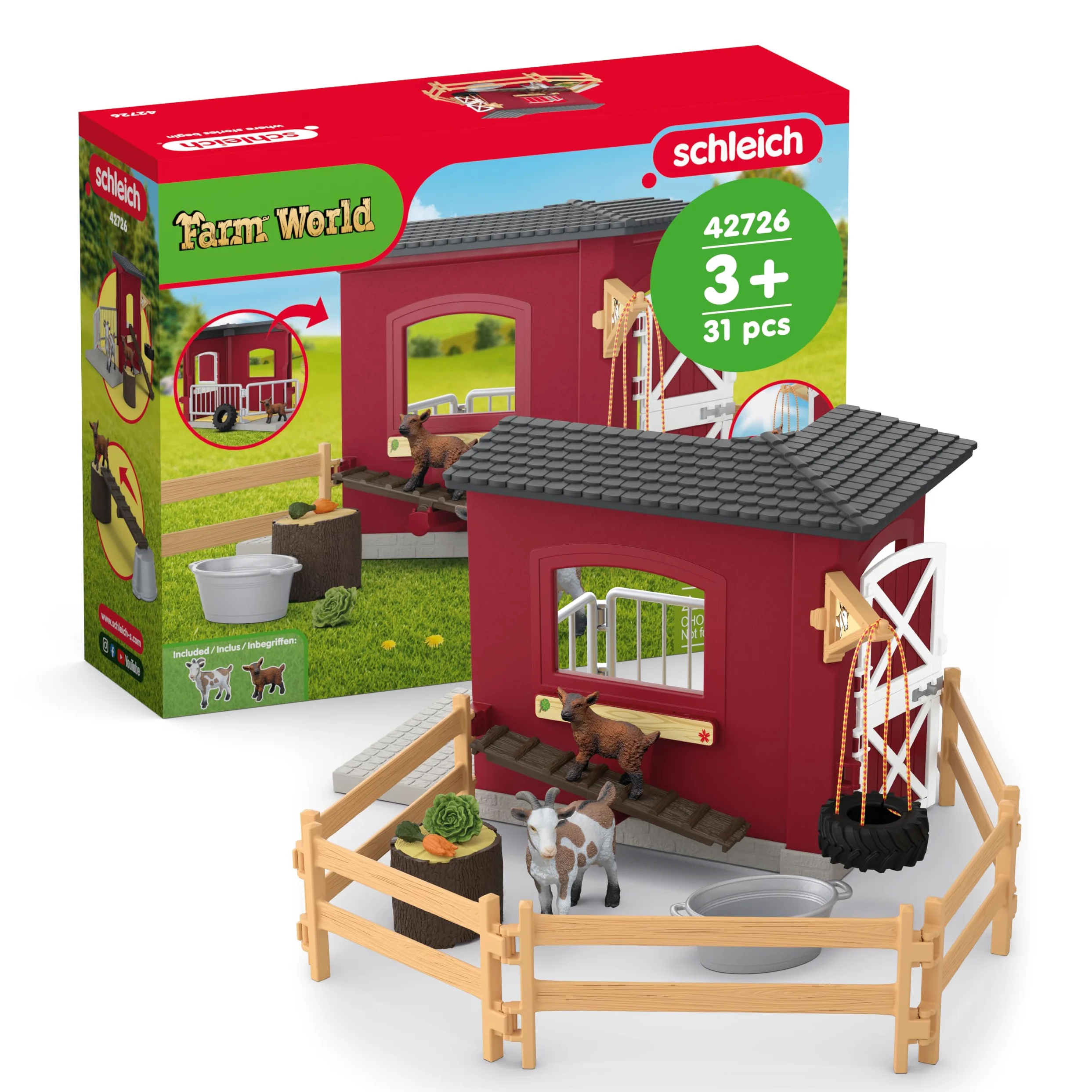 Schleich Farm World | Stalla delle capre 42726 | dai 3 Anni | 31 Pezzi | Set con stalla, capra, capretto, recinto & accessori | Figure di animali realistiche | Idea regalo bambini | Giocattolo fatto