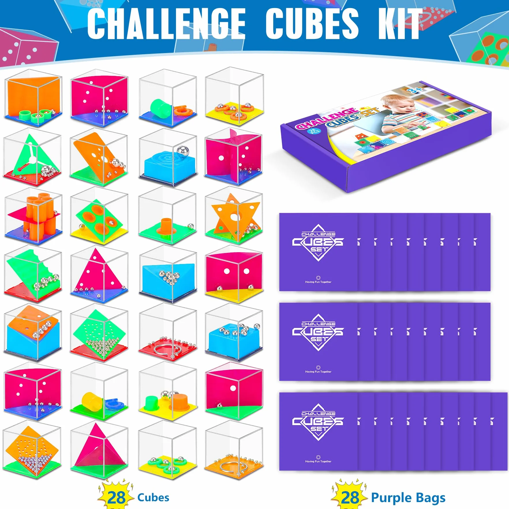 28 Pezzi Giochi di Pazienza per Bambini con 28 Sacchetti Viola – Gioco di Aglio | Mini Giochi | Regalino Compleanno | Giocattoli Halloween