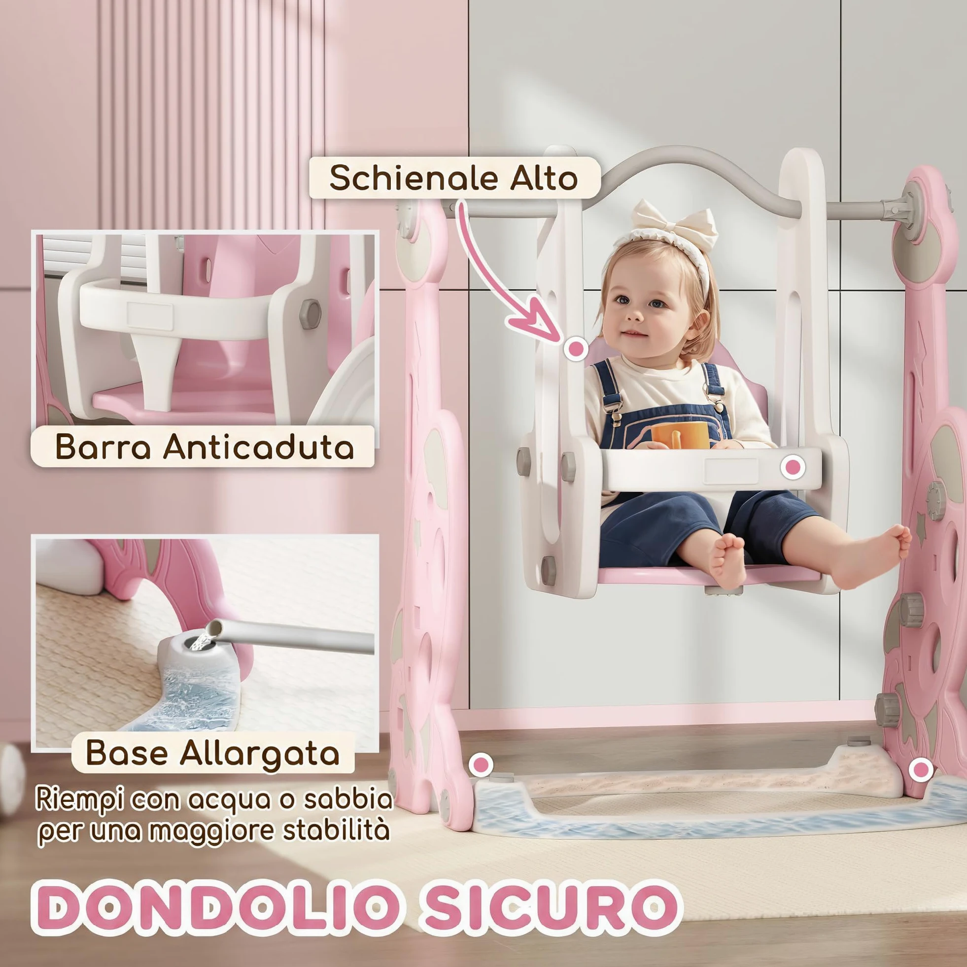 AIYAPLAY Scivolo per Bambini 4 in 1 con Altalena da 18-48 Mesi Rosa | Scivolo da Giardino Autoportante, Scaletta da Arrampicata, Cestino da Basket, Set Parco Giochi per Interni ed Esterni