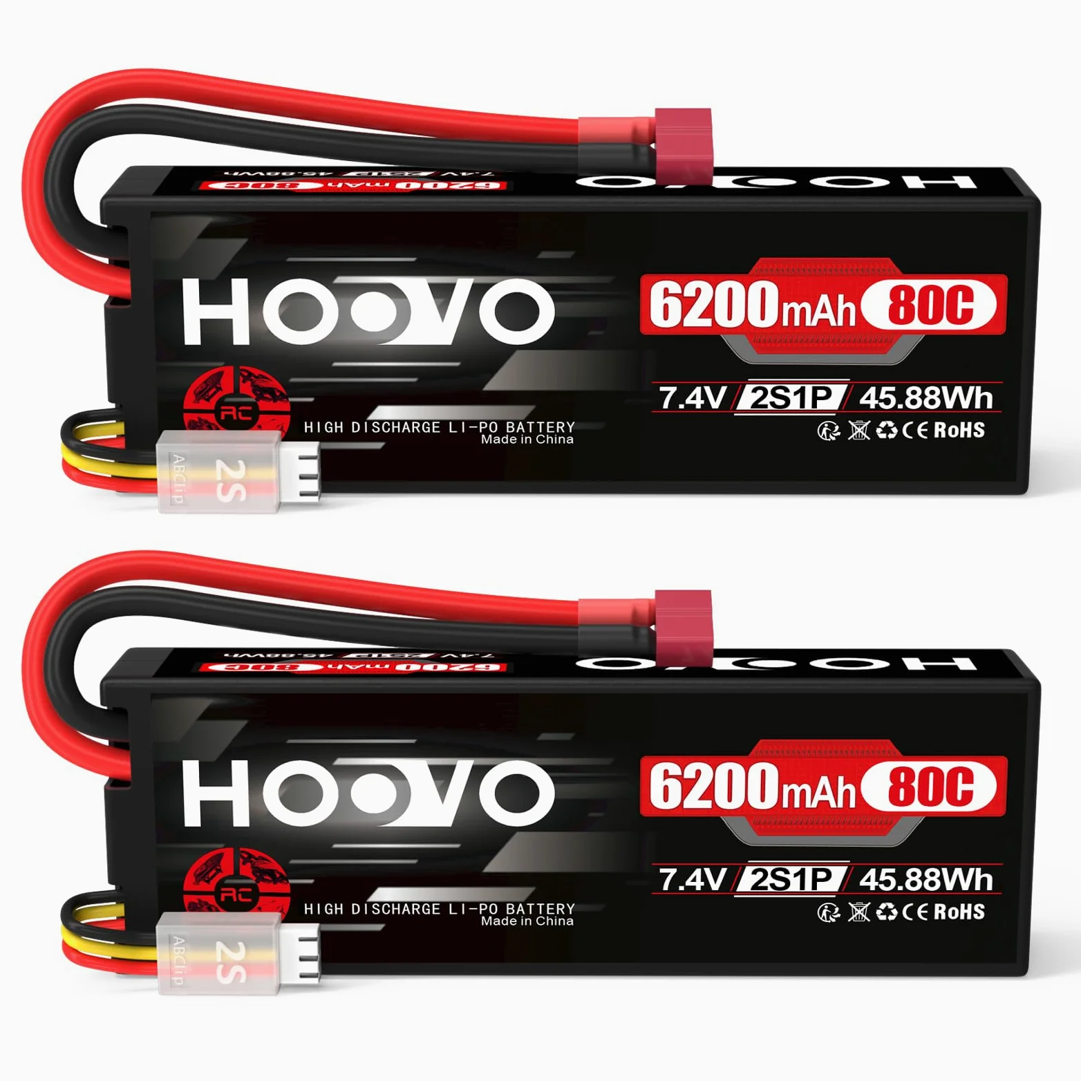 Batteria 2S Lipo 7,4 V 80 C 6200 mAh RC batteria con spina Dean Style T HOOVO per RC auto, aeroplano, elicottero, barca, buggy quadcopter (2 confezioni)