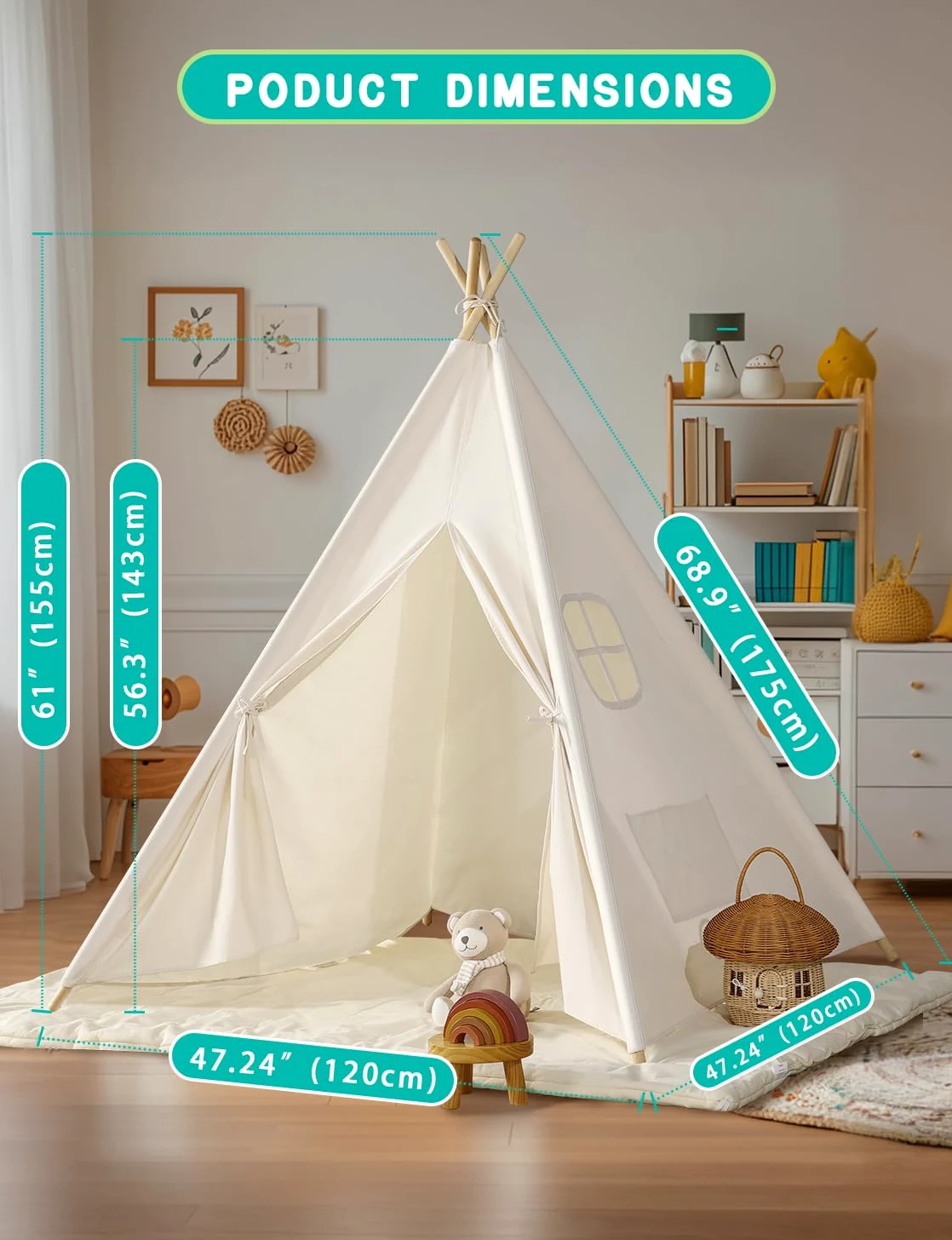 Tenda per bambini Wilwolfer con borsa per il trasporto, tenda in tela per bambini,
