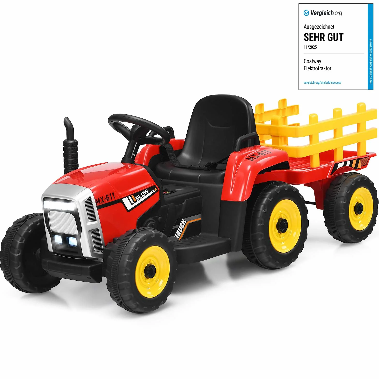 COSTWAY Trattore con Rimorchio Cavalcabile per Bambini 12V, Trattore Elettrico Telecomandato, con Luci e Suoni, 30kg, 3+ Anni (Rosso)