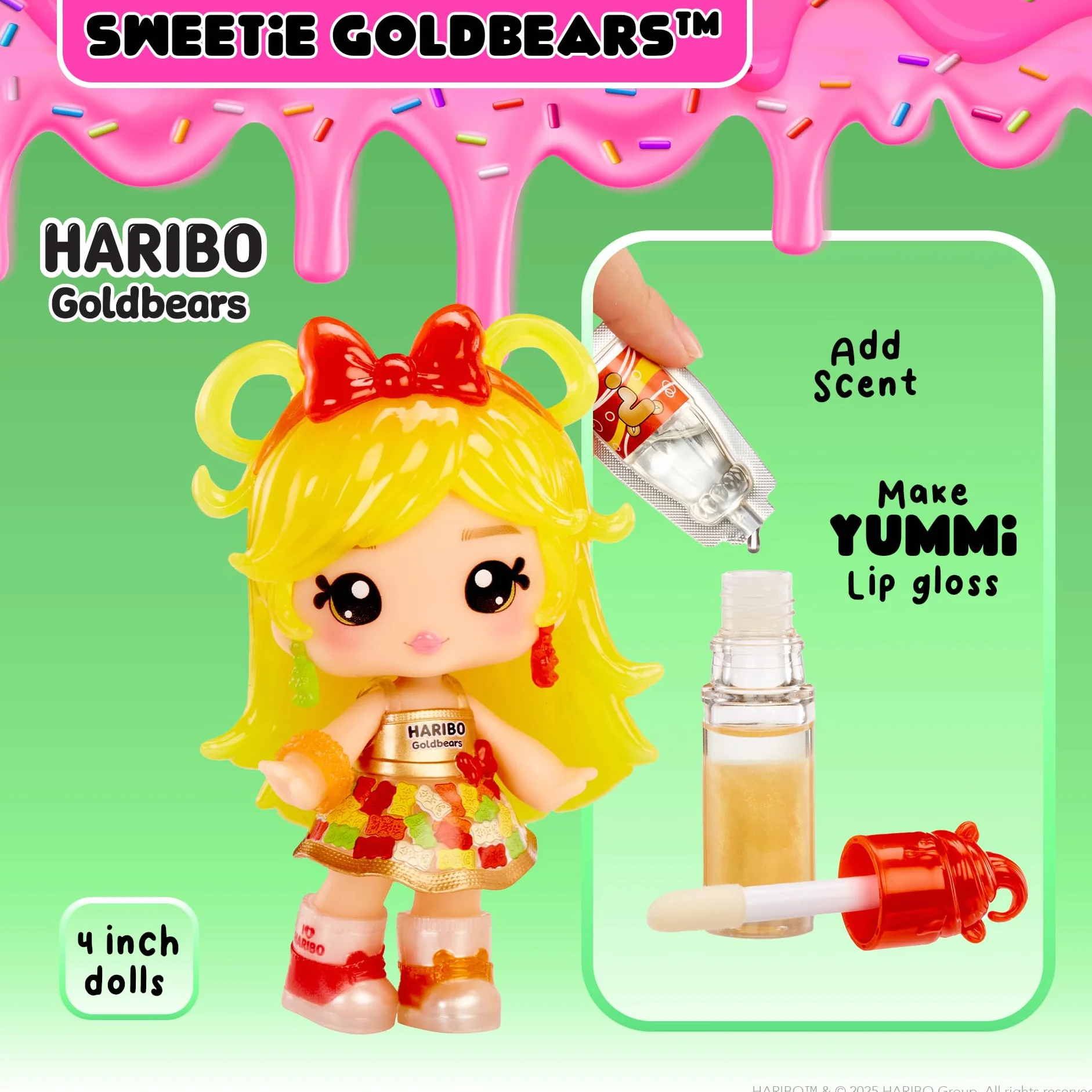 Yummiland x Licensed Sweets Lip Gloss Doll: Haribo Goldbears - Sweetie Goldbears - Include 1 Bambola, Lucidalabbra + Portachiavi rimovibile, Gioco cosmetico, Collezionabile. Età 4+