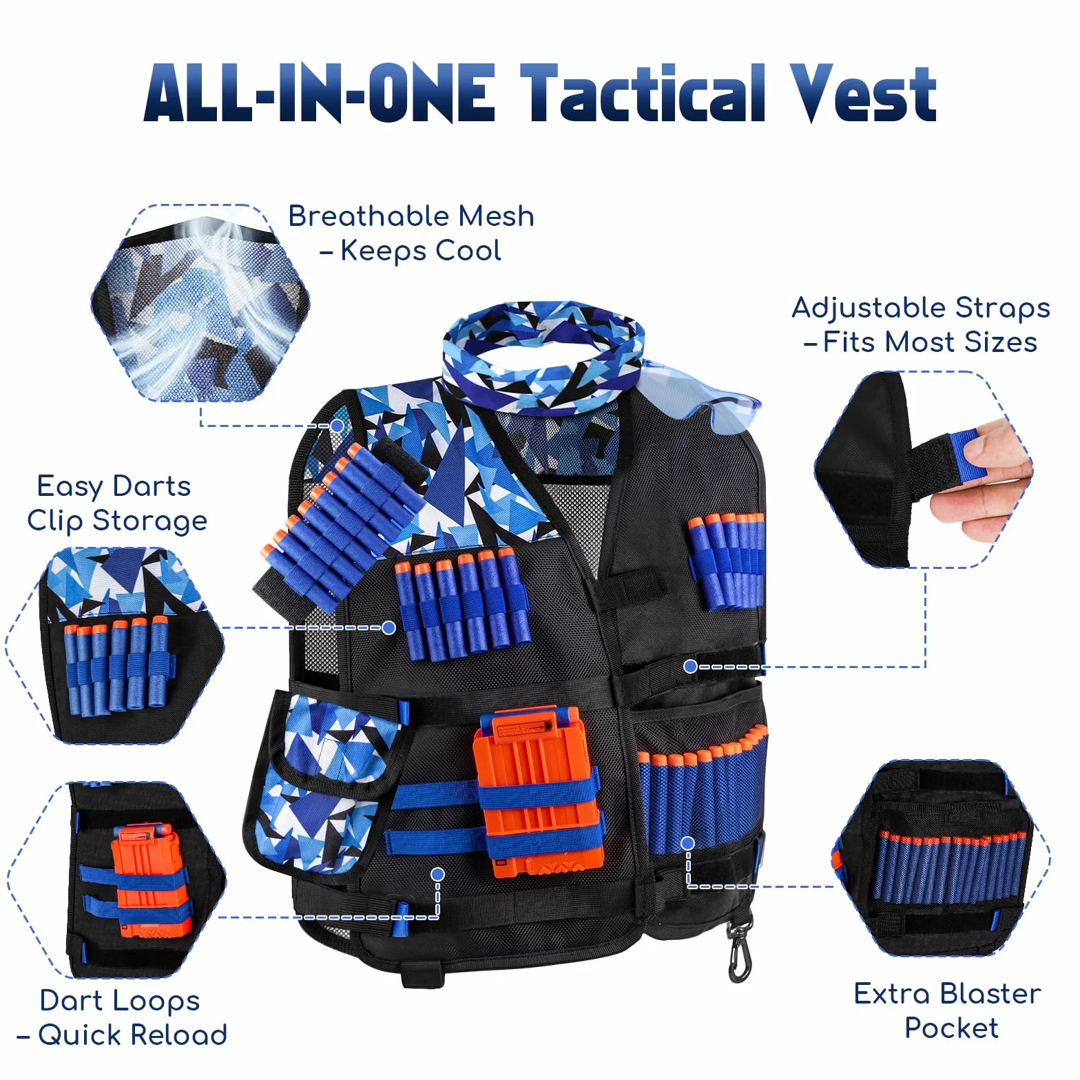 Lehoo Castle Kids Tactical Vest Kit dla Nerf Guns N-Strike Elite Series z 30 Freccette, Custodia, Maschera (Blu)