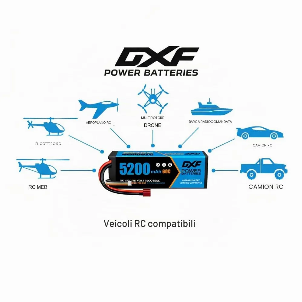 DXF Confezione da 2 confezioni da 3 batterie lipo 5200 mAh, 11,1 V, 60C, con spina Deans/T– lipo 3s perfetto per auto rc, aereo, elicottero, camion 3s lipo ideale per veicoli 1/8 e 1/10 come Tamiya