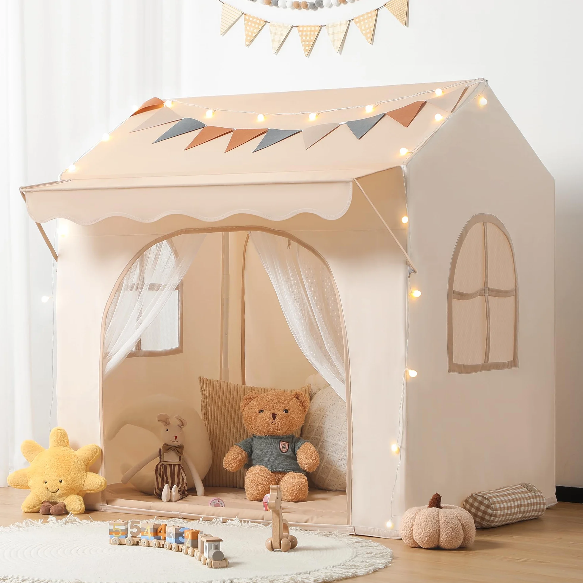 Besrey Tenda per Bambini 2-in-1, Tenda da Gioco con Tettoia per Interni ed Esterni, con Luci, Bandierine e Tappetino, Design Ampio per Lettura e Giochi Creativi - Regalo di Natale Ideale per Bambini