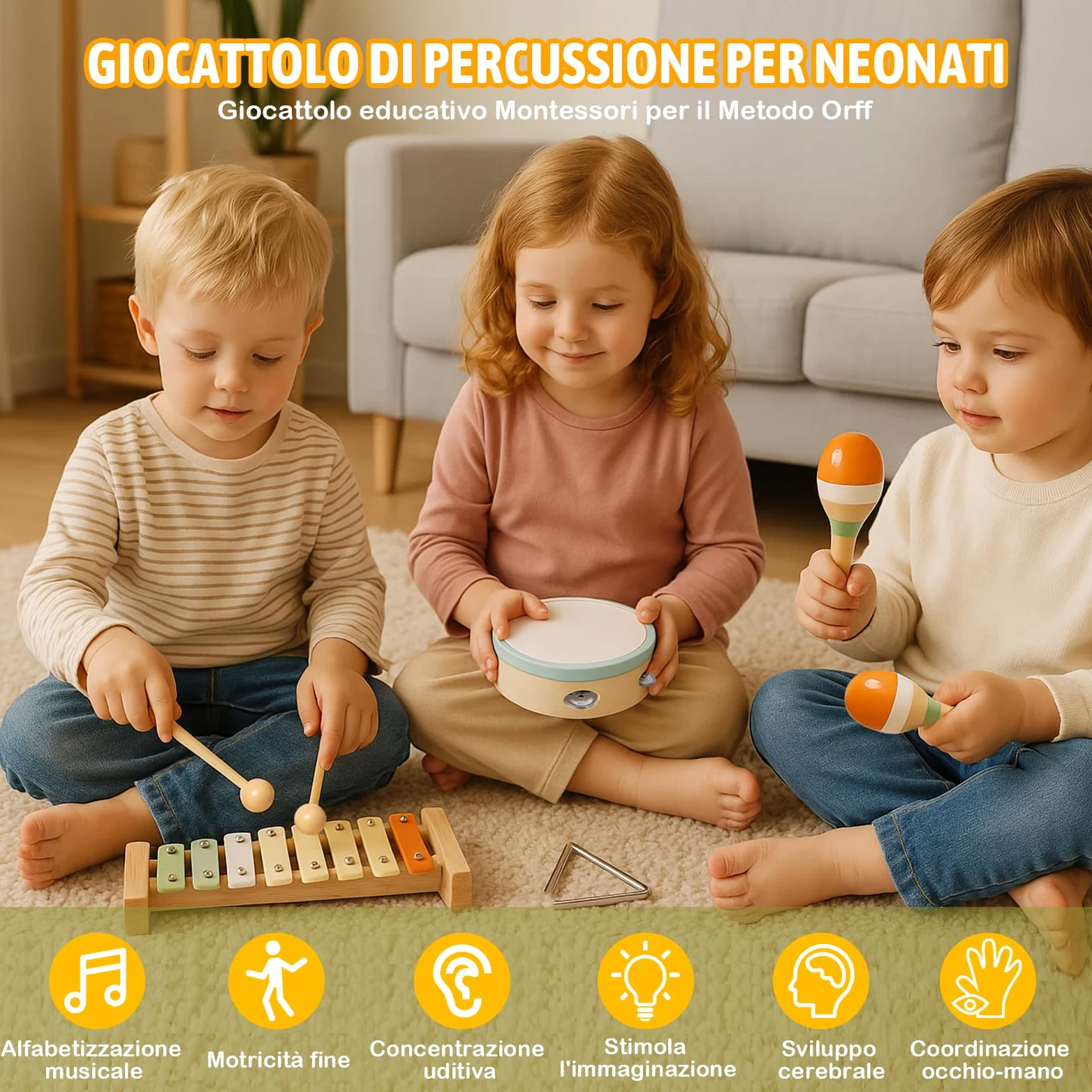 Strumenti Musicali Bambini, Giochi Montessori Sensoriale in Legno, Tamburo Bambino Xilofono Maracas, Tambourine Percussioni Giochi Bambini, Natale e Compleanno Regalo Bambino 1 2 3 Anno