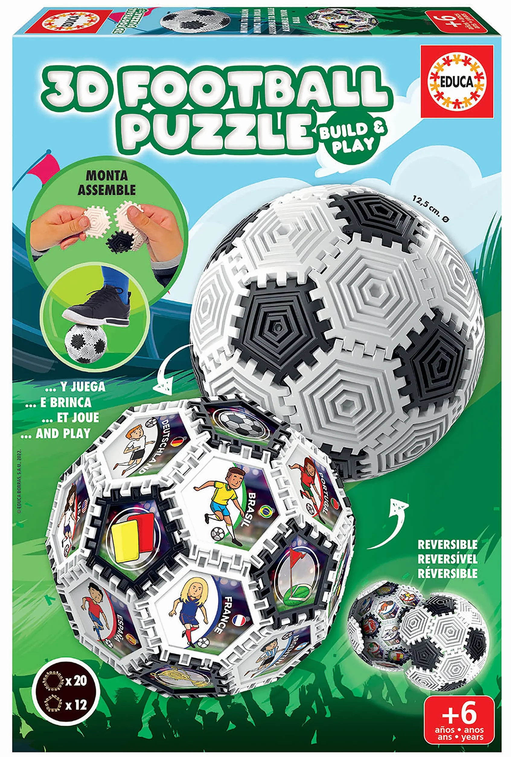 Educa - 3D Football Puzzle | 3D Puzzle Calcio Bambini | Puzzle 3D Pallone con 32 Pezzi e con cui Puoi Giocare | Puoi Creare Diverse Forme. Dai 6, 7, 8 Anni in su (19210)