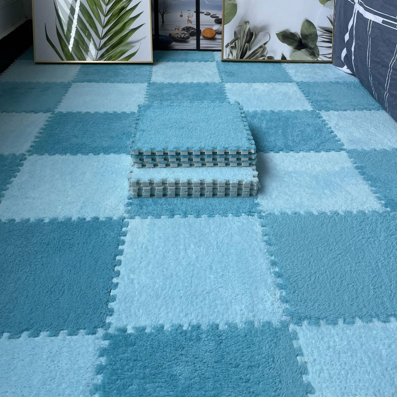 tappetini in schiuma, Confezione da 45 tappetini in schiuma EVA ad incastro 12x12x0,4 pollici Multicolori(Deep Blue+light Blue)