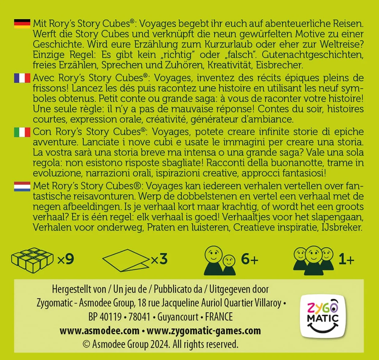 Asmodee, Rory's Story Cubes: Voyages, Zygomatic, gioco di famiglia, 1+ giocatore, dai 6+ anni, 20 minuti, gioco in tedesco, francese, italiano e olandese