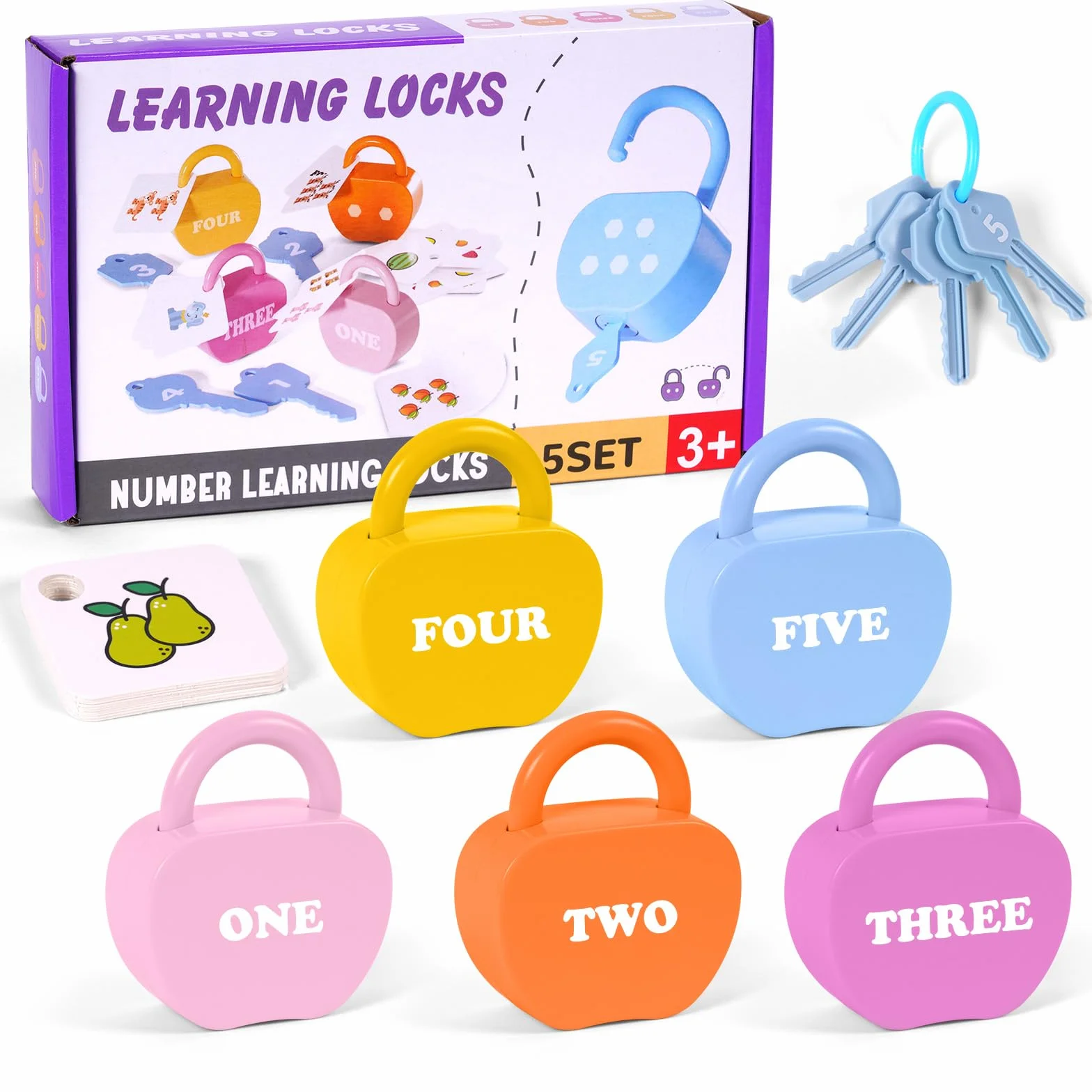 5 Set Serrature e Giocattoli Chiave, Giocattoli con Chiave e Lucchetto, Chiavi Giocattolo Bambini con Lucchetto a Forma di Mela, Chiavi e Tessera, Montessori Set per Lo Sviluppo dai 3+ Anni
