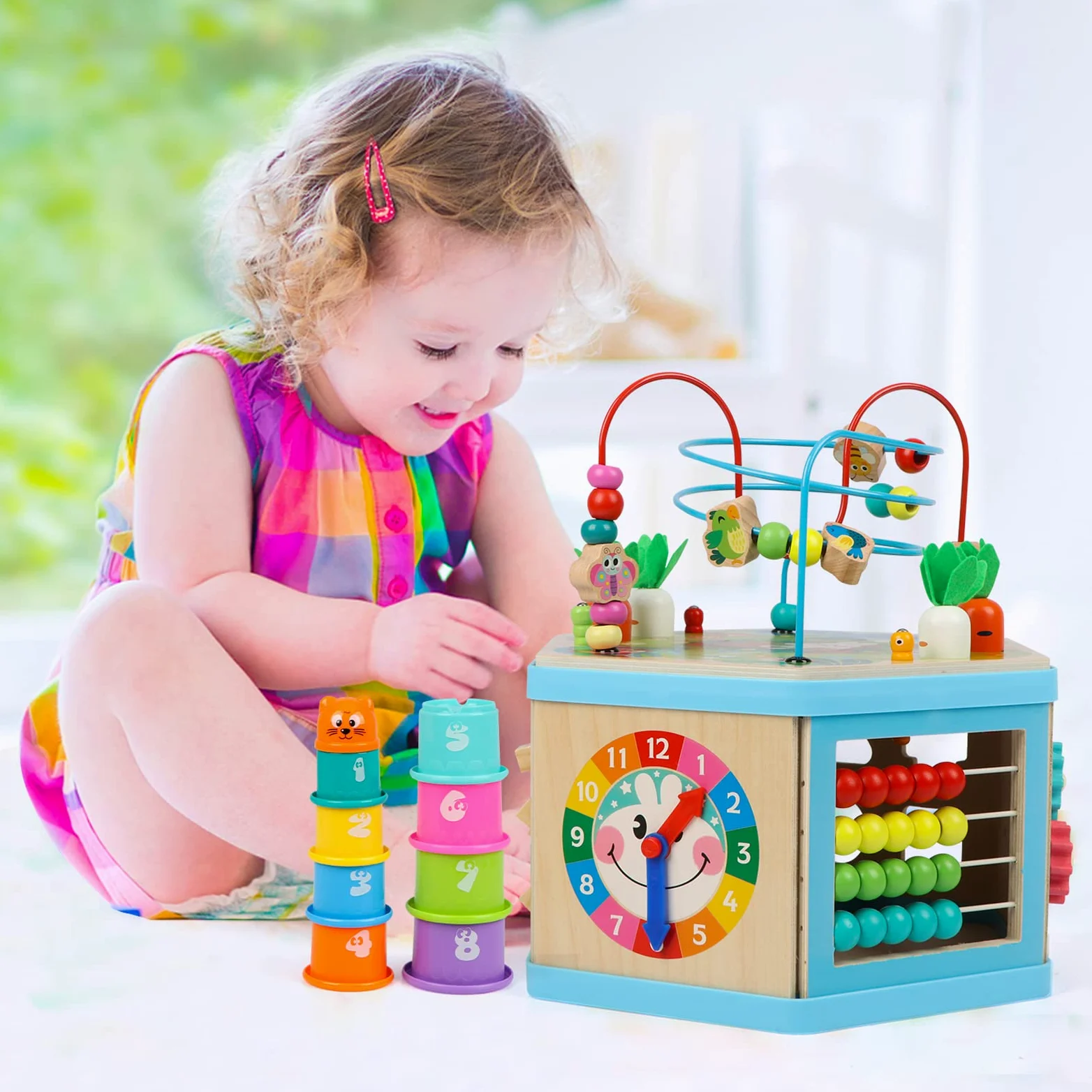Jacootoys Cubo di attività in legno, 7 in 1, giocattolo educativo per bambini, bambini, ragazzi, ragazze