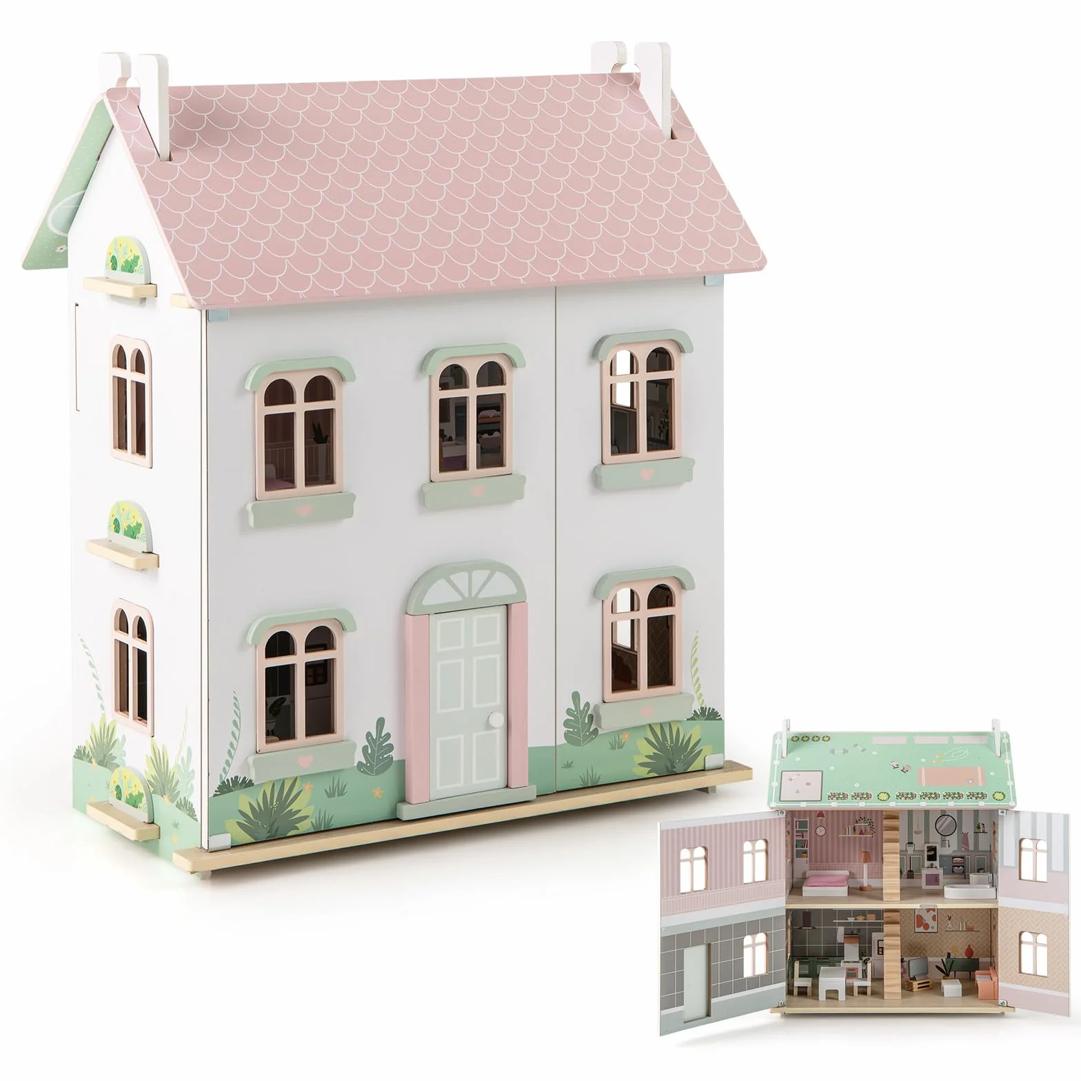 COSTWAY Casa delle Bambole in Legno, Casetta delle Bambole a 3 Piani con Tetti Rimovibili, Porte Apribili, Finestre Squisite 5 Stanze e 19 Accessori, Regalo per Bambini 3+ Anni