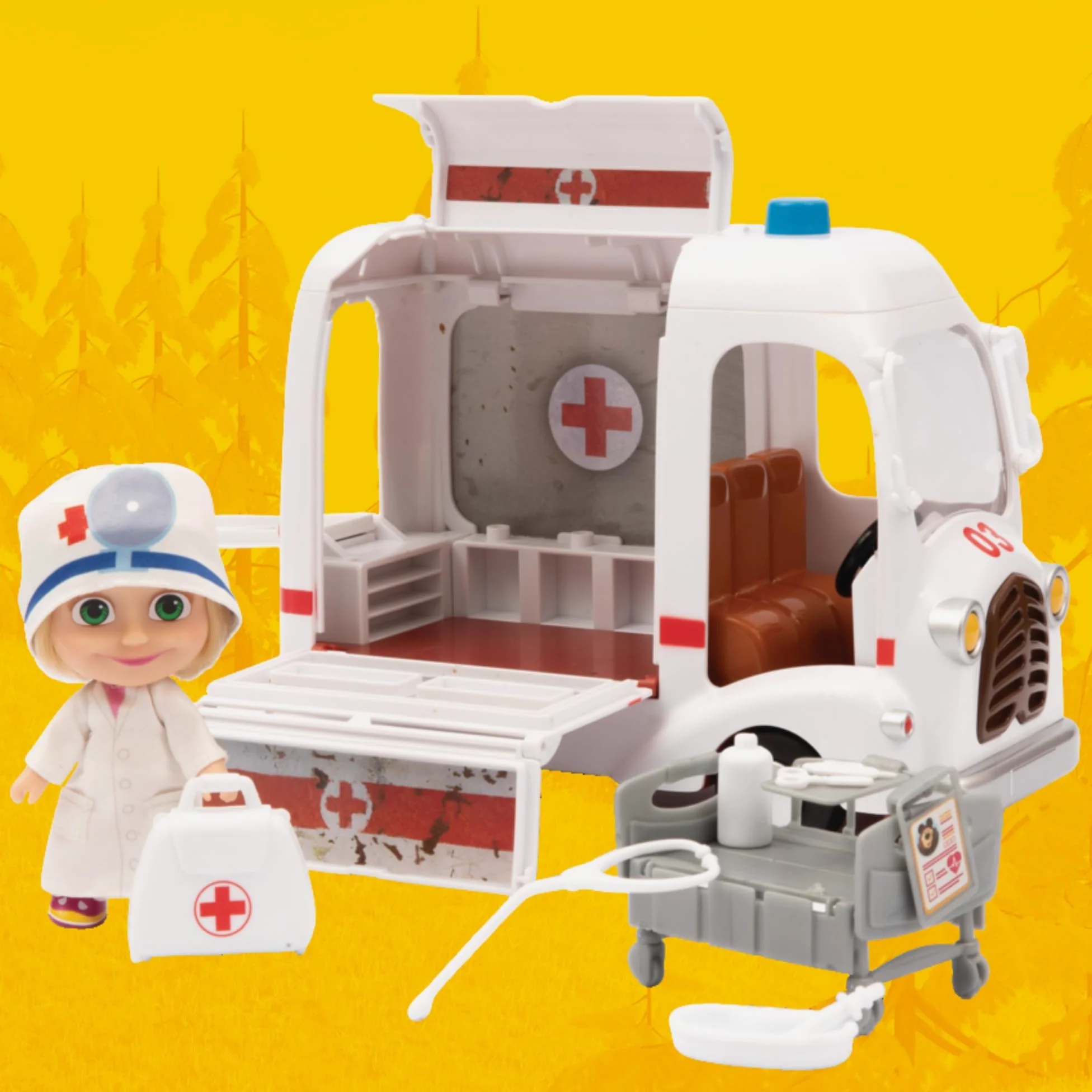 MASHA & THE BEAR - Ambulanza Di Masha E Orso, Veicolo Con Vano Apribile E Bambola Masha Dottoressa Da 12 Cm Inclusa, Ricca Di Accessori, Per Bambini e Bambine dai 3 anni