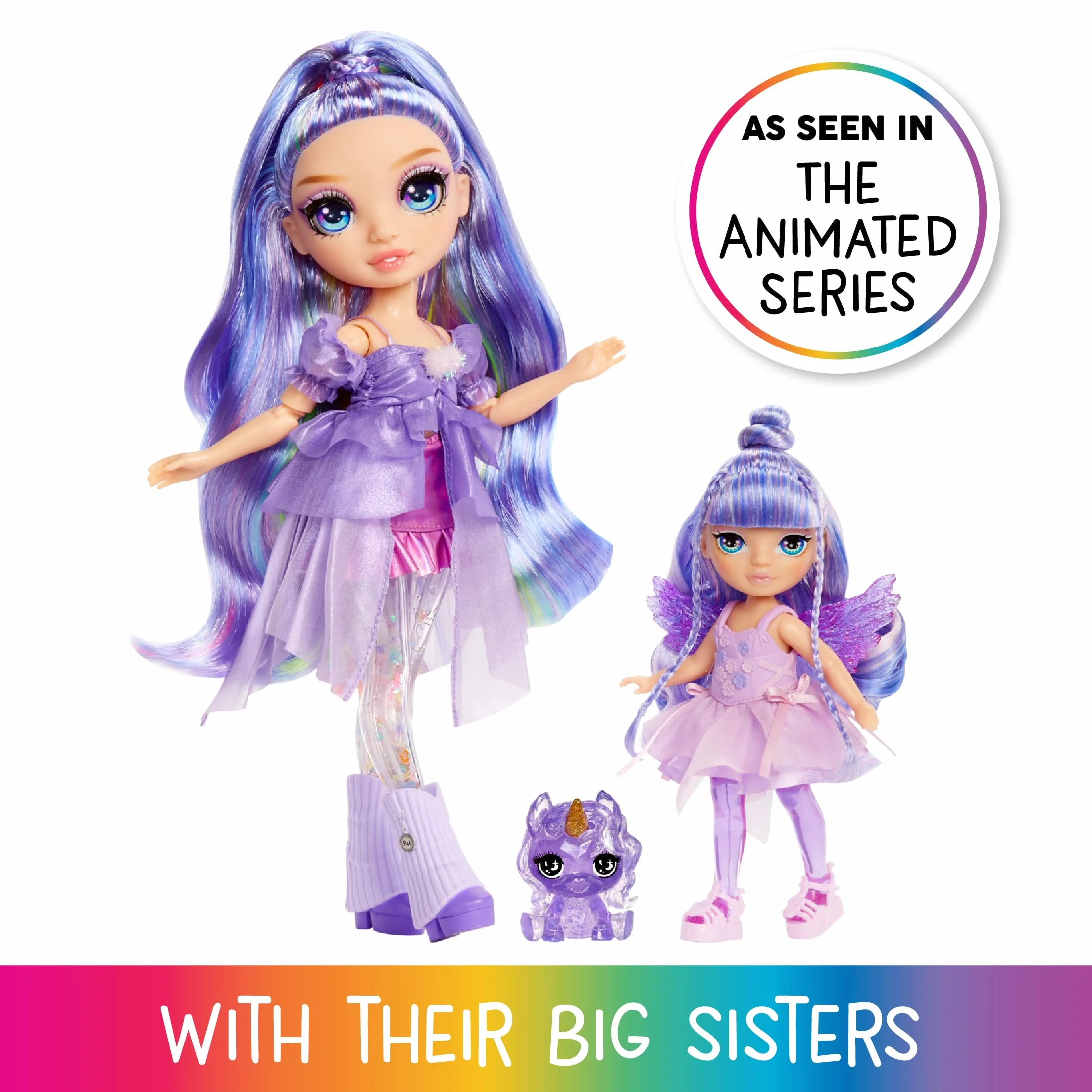 Rainbow High Littles Rainbow Fantasy Fairies & Pet - Amethyst, Viola - Bambola Piccola 14 cm Snodata e Animaletto Magico Unicorno Pegaso Fantasy con Ali da Fata intercambiabili. Età 4+